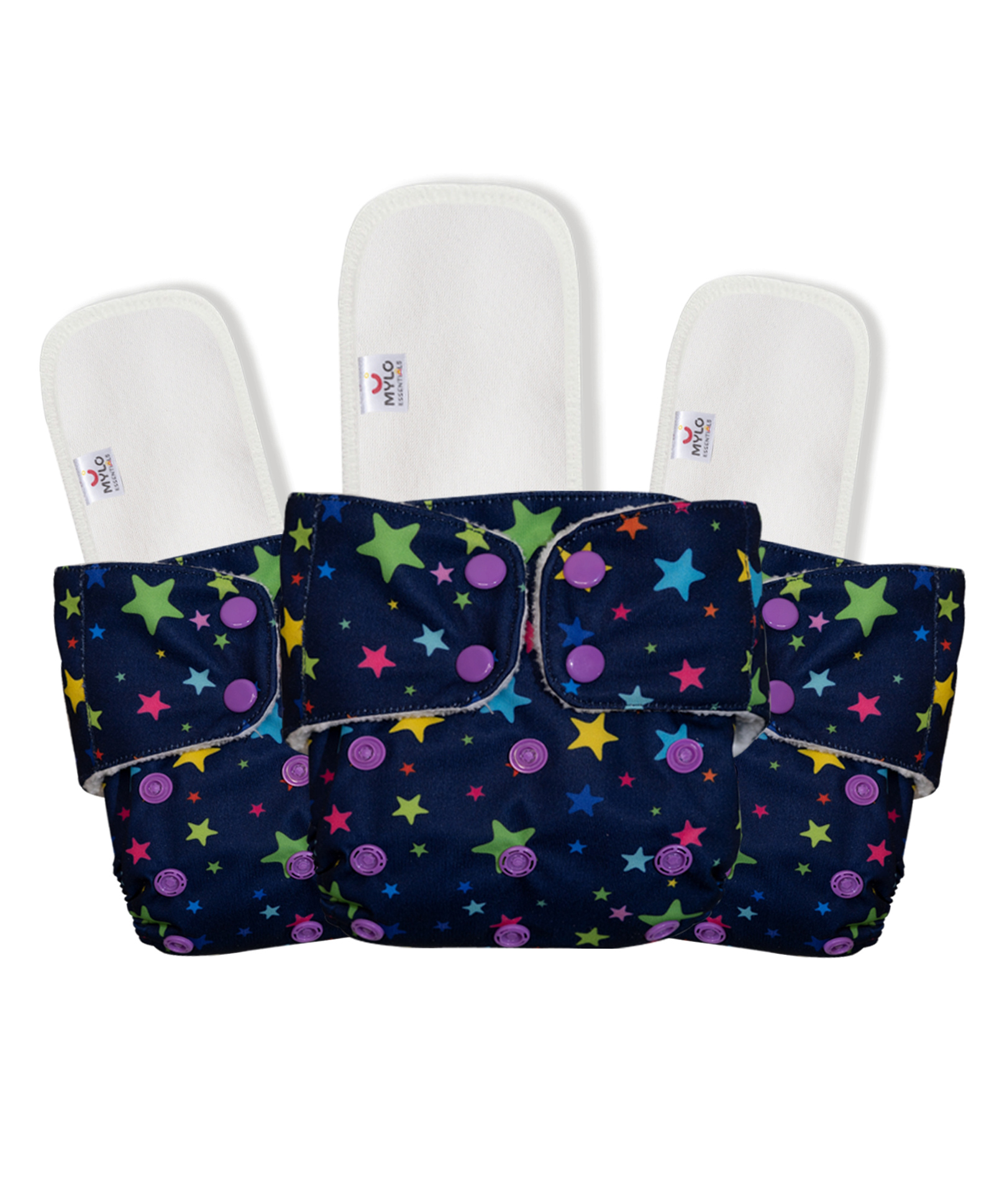 Mylo Baby Freesize Adjustable Cloth Diapers with 3 Free Insert Oeko Tex Certified Pack of 3 Twinkle Print - Multicolour-picture-9