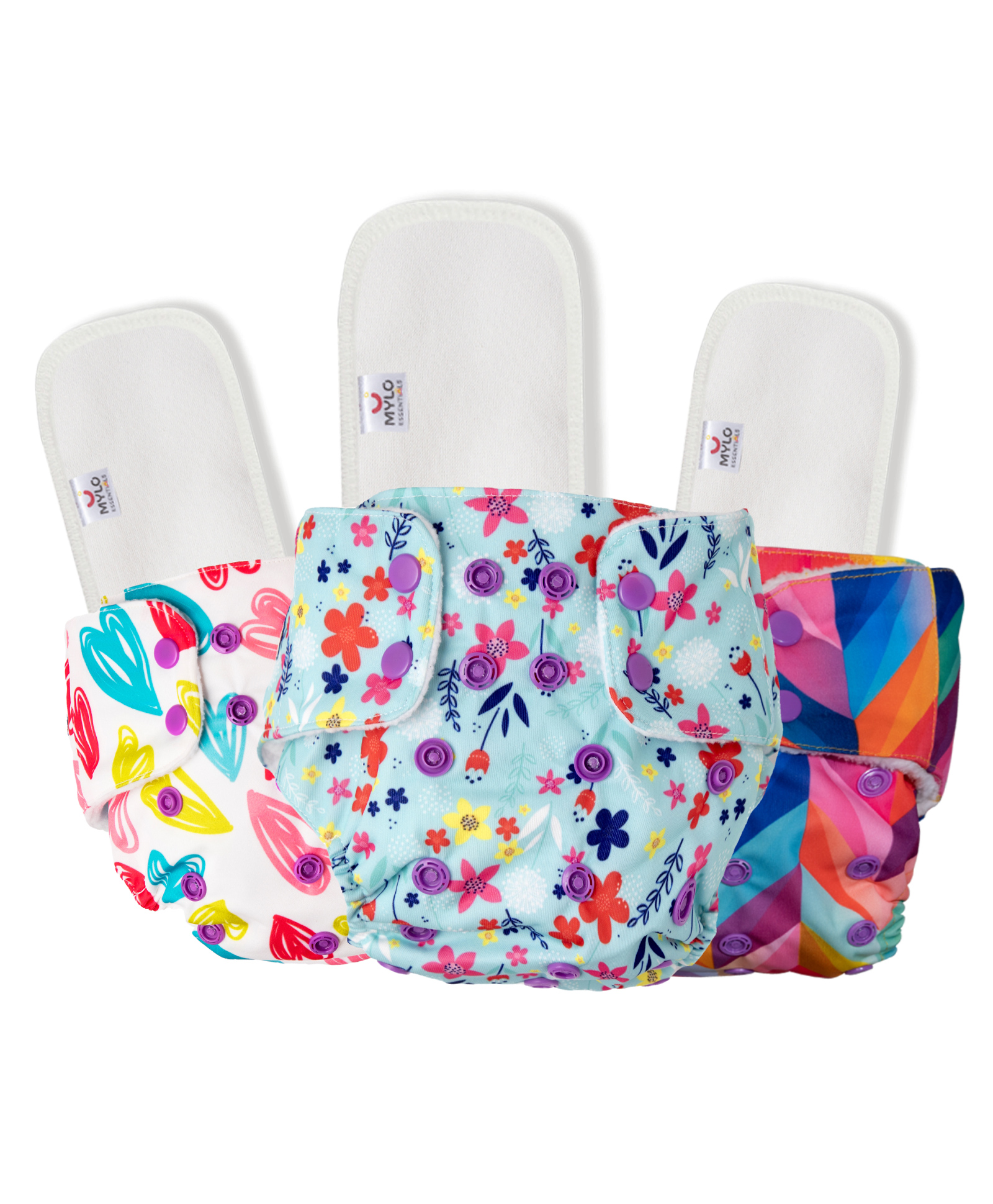 Mylo Baby Freesize Adjustable Cloth Diapers with 3 Free Insert Oeko Tex Certified Pack of 3  Rainbow Floral Heart Print - Multicolour-picture-5