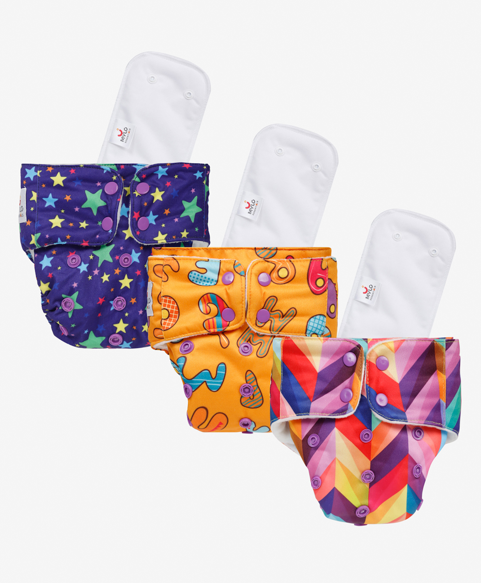 Mylo Baby Freesize Adjustable Cloth Diapers with 3 Free Insert Oeko Tex Certified Pack of 3 Rainbow ABC Print Twinkle - Multicolour-picture-11