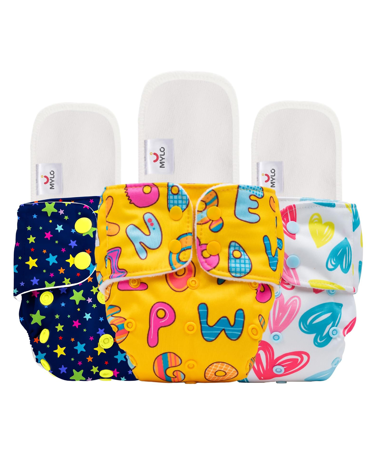 Mylo Baby Freesize Adjustable Cloth Diapers with 3 Free Insert Oeko Tex Certified Pack of 3 ABC Print Heart Print Star Print - Multicolour-picture-12