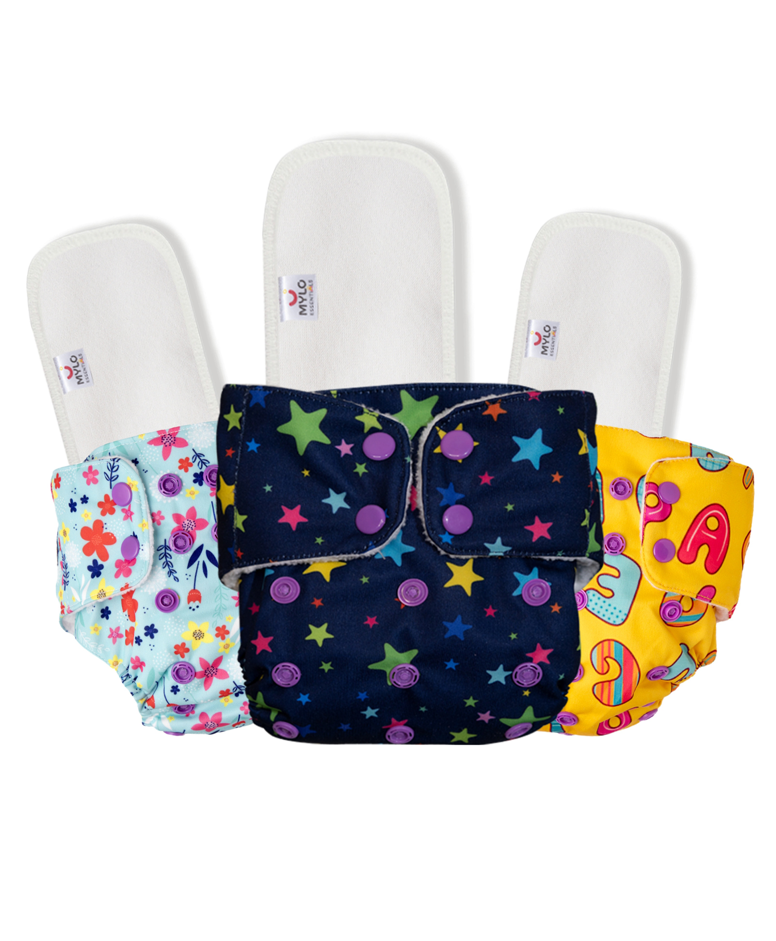 Mylo Baby Freesize Adjustable Cloth Diapers with 3 Free Insert Oeko Tex Certified Pack of 3 - Floral Spring ABC Twinkle Twinkle Multicolour-picture-6