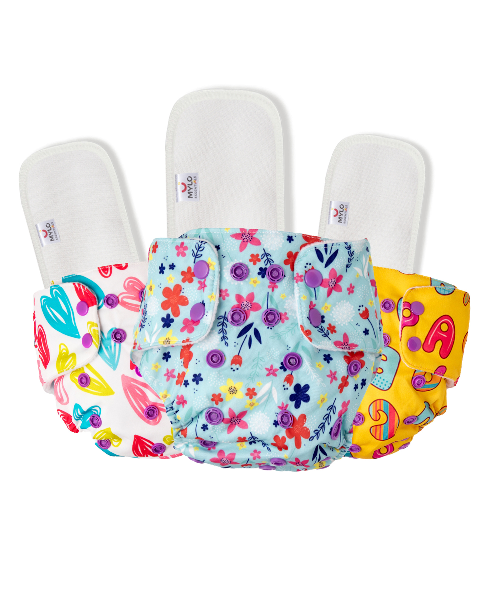 Mylo Baby Freesize Adjustable Cloth Diapers with 3 Free Insert Oeko Tex Certified Pack of 3 - Heart Doodles ABC Floral Spring Multicolour-image-29