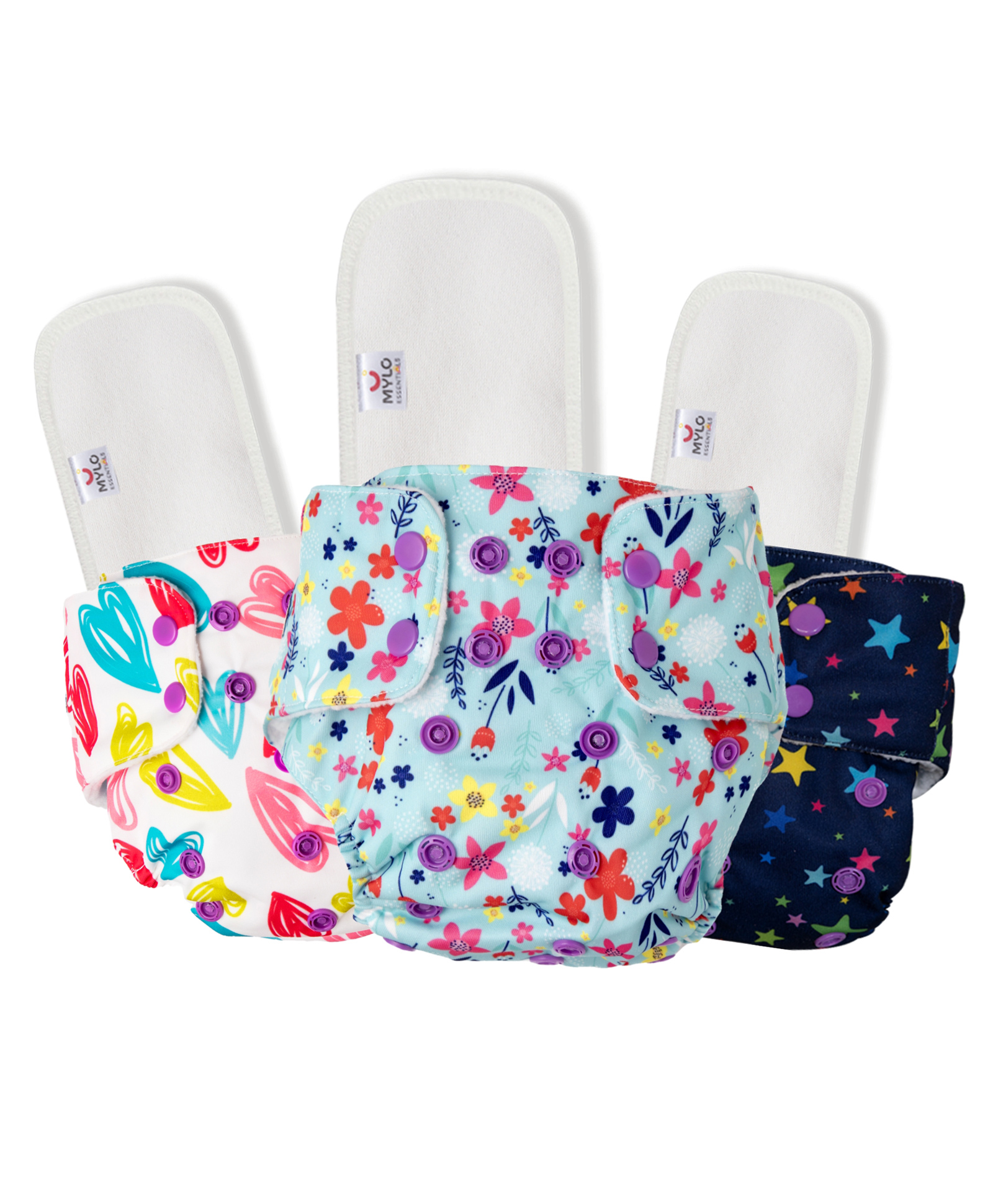 Mylo Baby  Freesize Adjustable Cloth Diapers with 3 Free Insert Oeko Tex Certified Pack of 3 - Heart Doodles Floral Spring  Twinkle Twinkle Multicolour-image-30