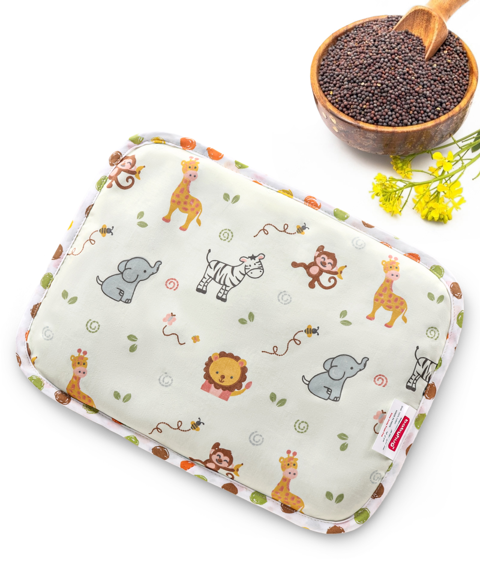 Babyhug Head Shaping Mustard Seed Rai Pillow With Lavender Essential Oil Animal Print  - Yellow