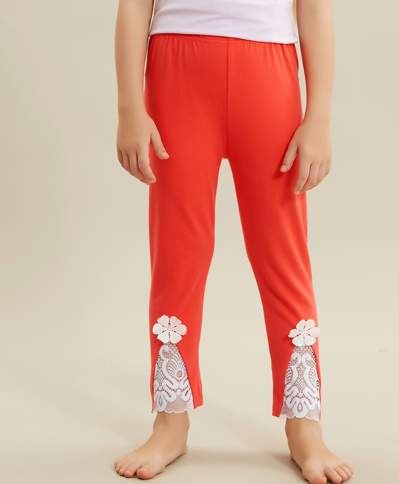 Kookie Kids Full Length Cotton Lycra Leggings With Lace - Red-picture-12