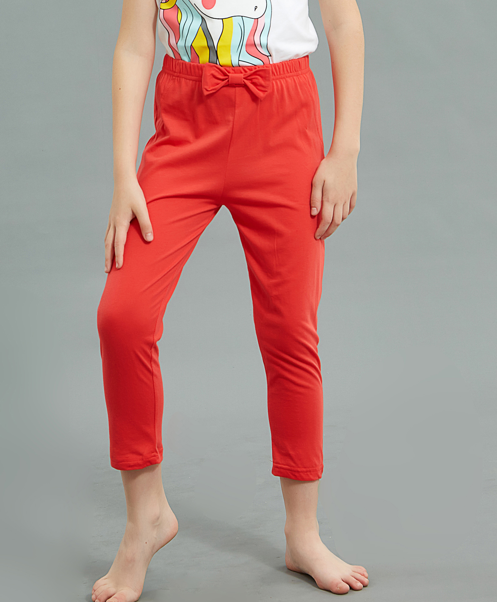 Kookie Kids Full Length Cotton Lycra Leggings With Bow - Red-image-38