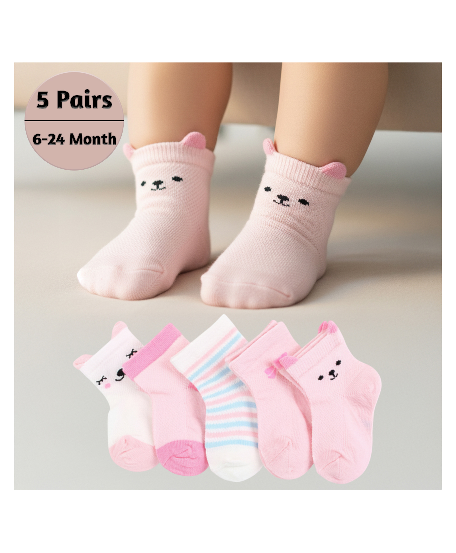 SYGA Non Slip Cotton Trainer Socks Pack of 5 Pairs - Pink
