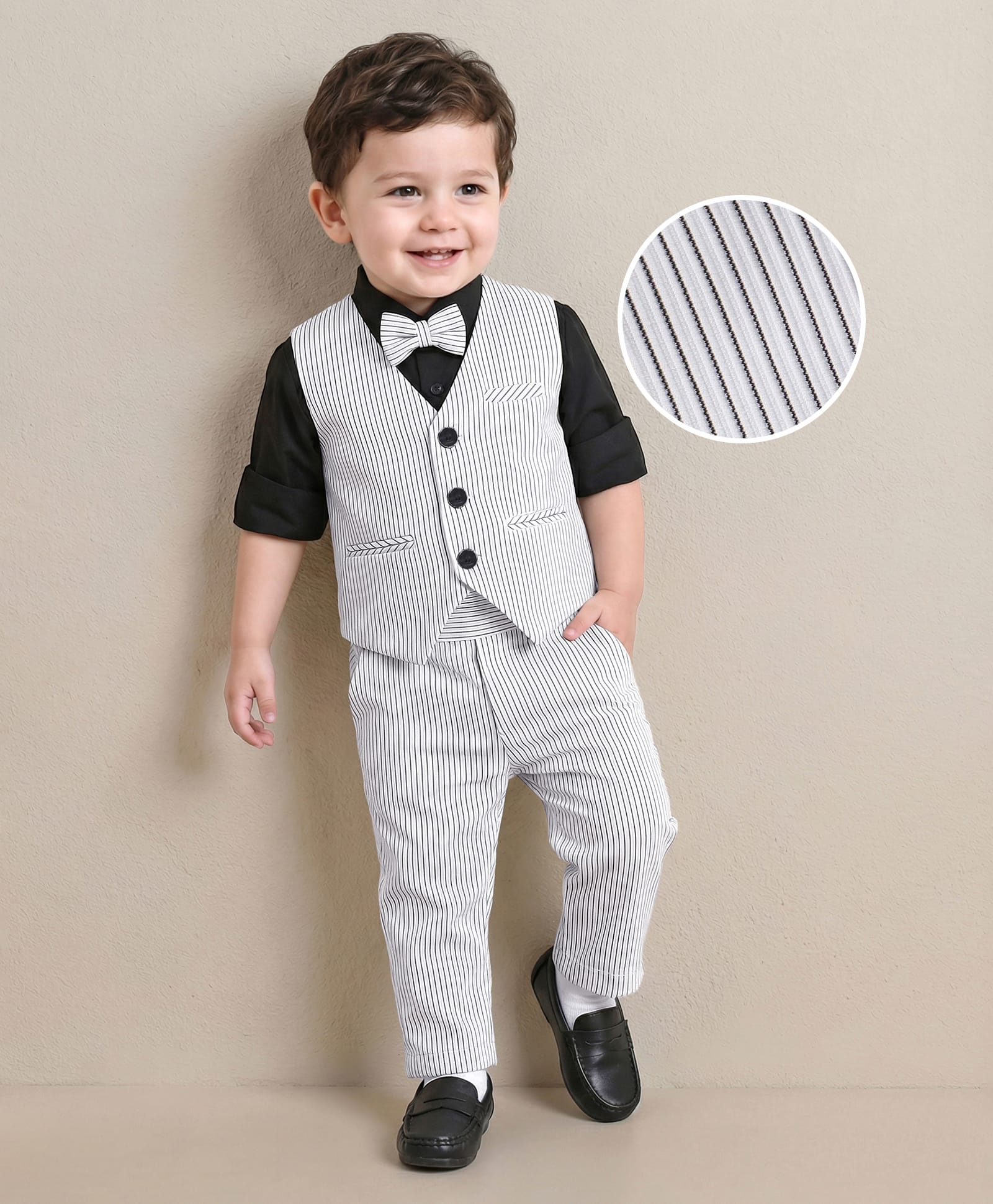 Mark & Mia Woven Full Sleeves Solid Shirt & Trouser Set With Waistcoat & Bow - White & Black