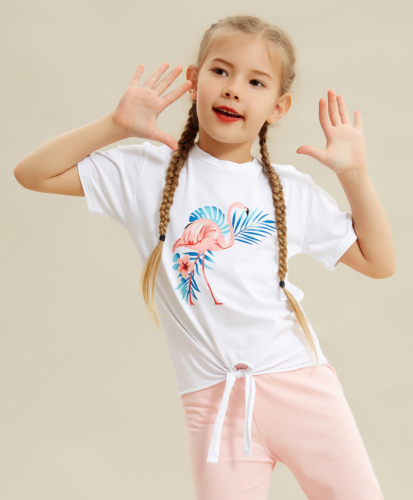 Kookie Kids Half Sleeves Flamingo Print Top - White-image-3