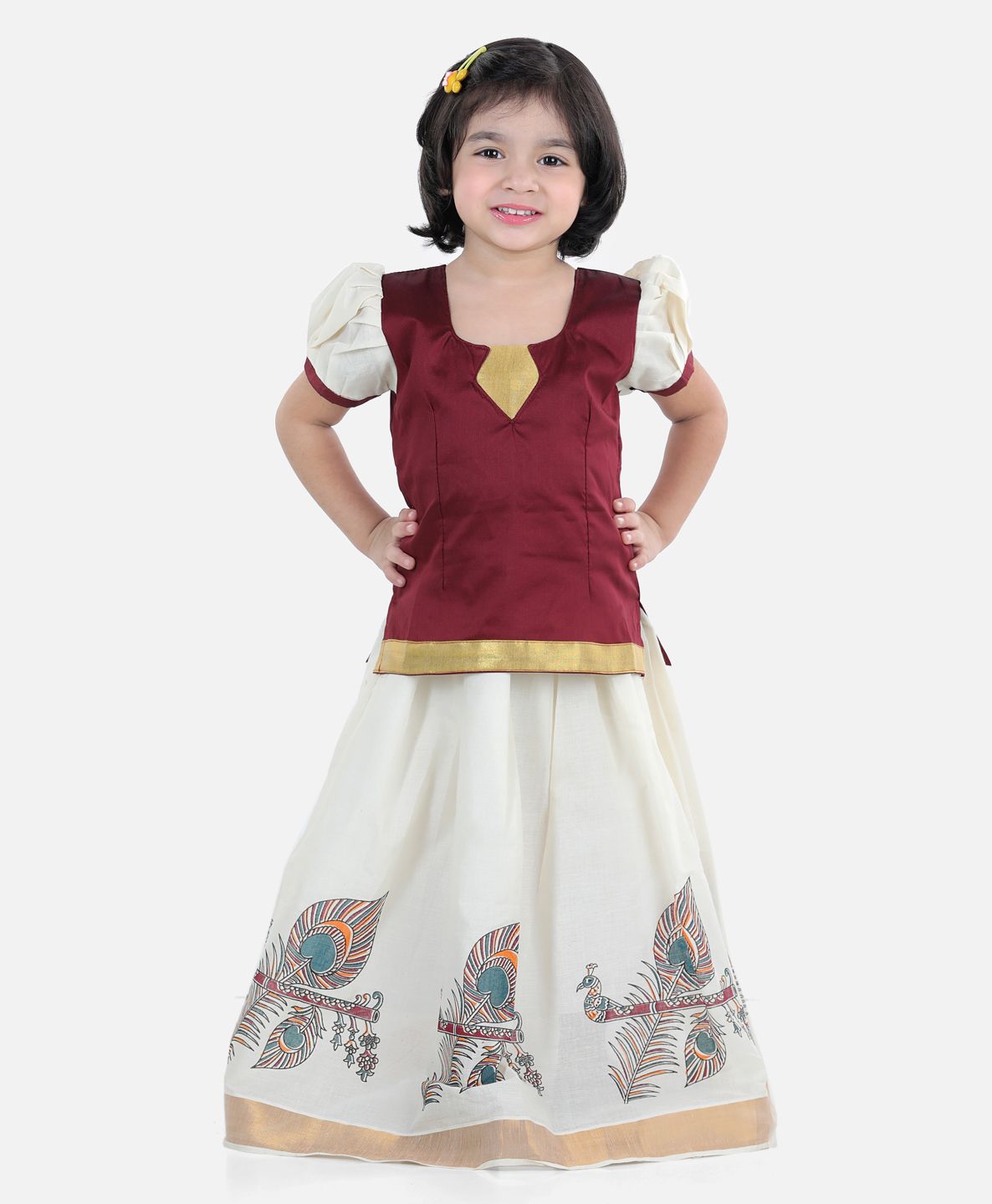 Buy BownBee Half Sleeves Peacock Feather And Flute Print Pattu Pavadai  Choli And Lehenga - Maroon And White for Girls (6-12 Months) Online in  India, Shop at  - 10505987