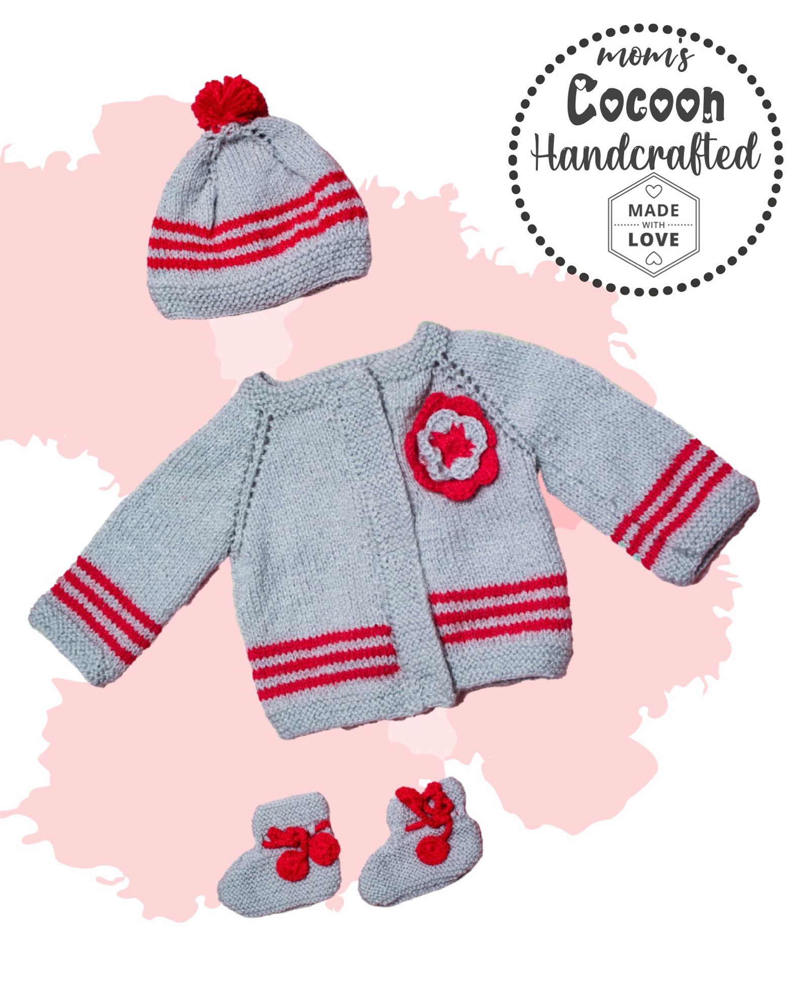 COCOON ORGANICS Handcrafted Full Sleeves Floral Design Sweater With Cap & Socks - Grey-image-30