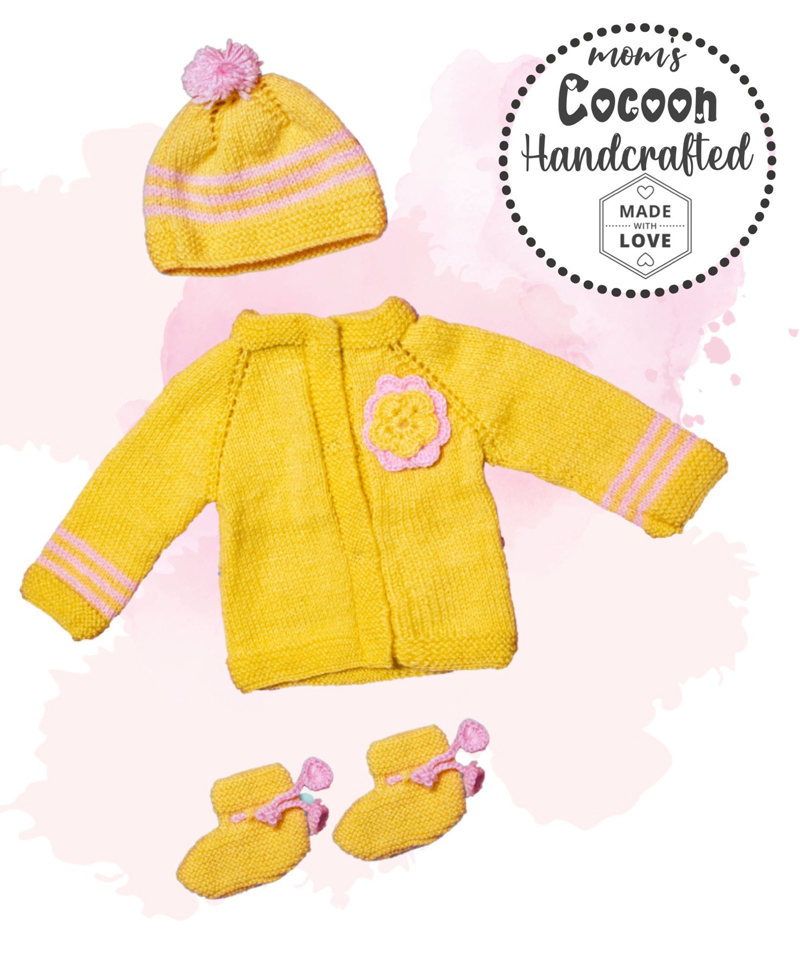 COCOON ORGANICS Handcrafted Full Sleeves Floral Design Sweater With Cap & Socks - Yellow-picture-17