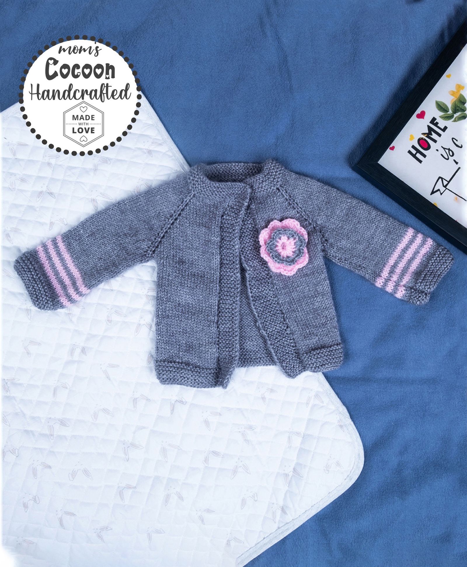 COCOON ORGANICS Full Sleeves Handcrafted Floral Applique Shrug - Grey-image-4