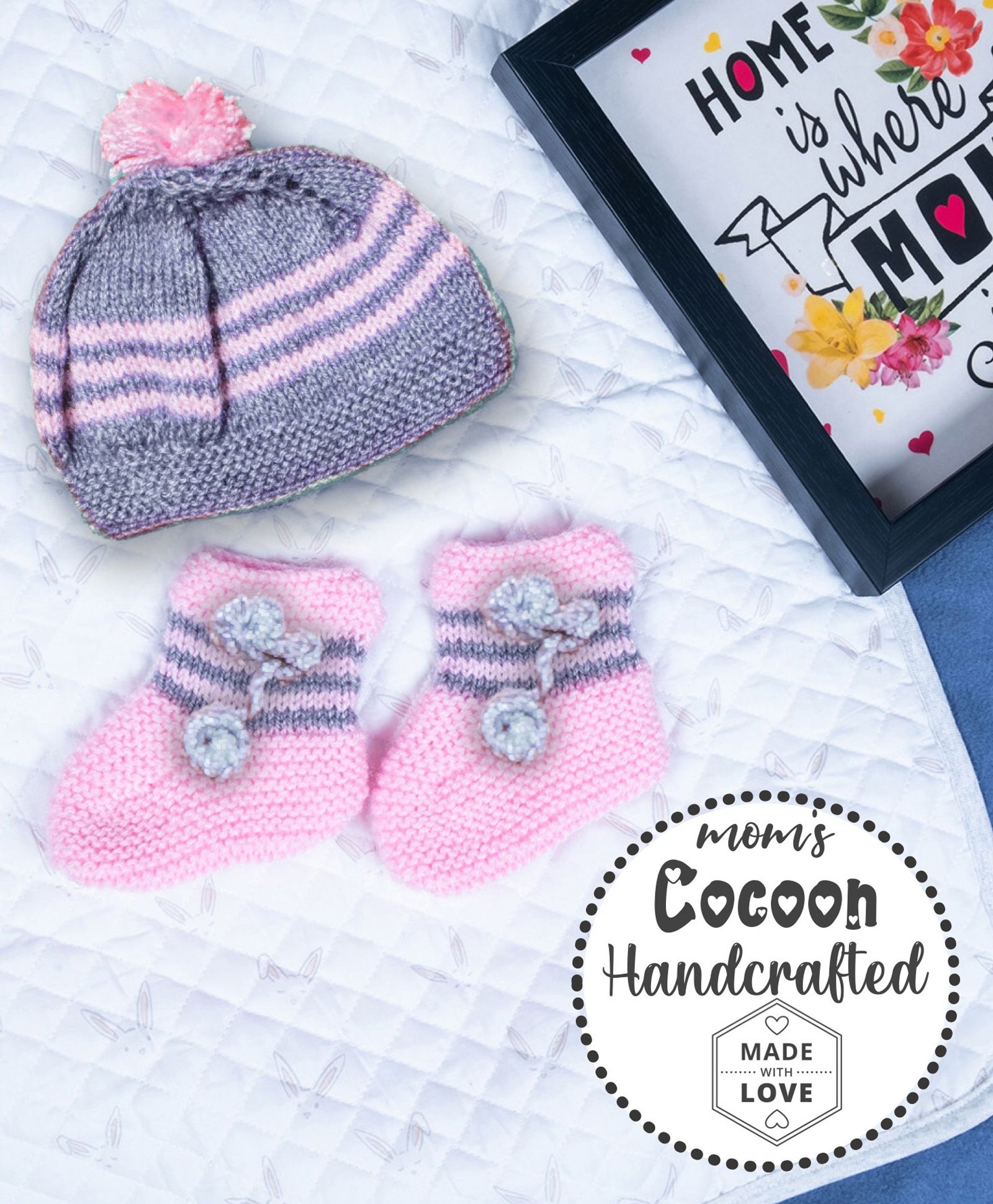 COCOON ORGANICS Handcrafted Cap And Socks Set - Grey And Baby Pink-picture-11