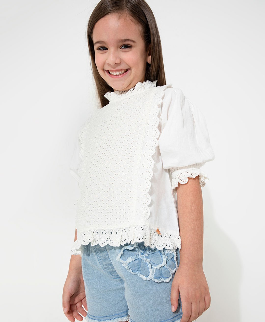 Cherry Crumble By Nitt Hyman Three Fourth Sleeves Schiffli Detail Top - White-image-9