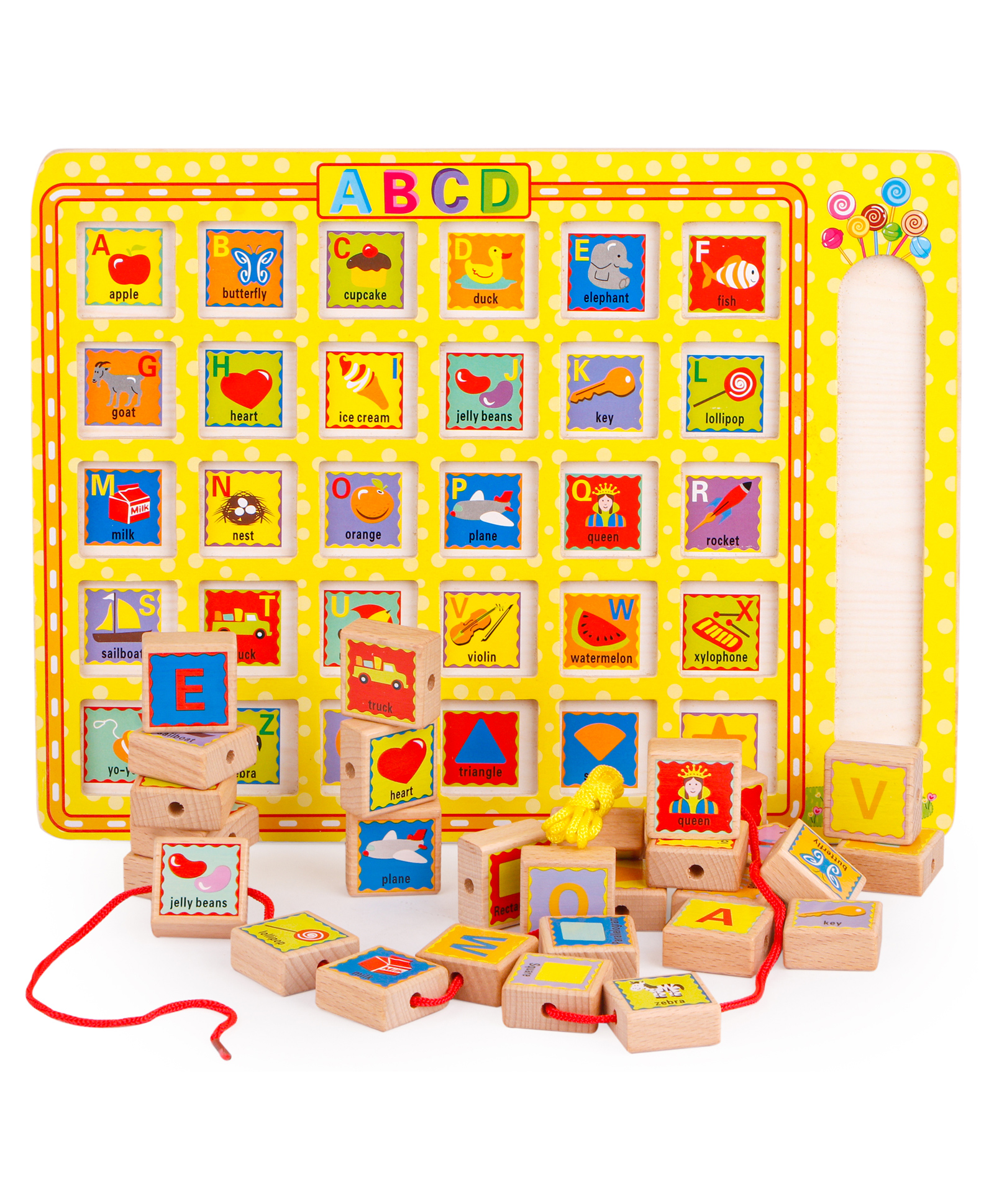 Fiddlerz Wooden English Learning Alphabet Tray with Lacing Beads Multicolour - 26 cubes-picture-25