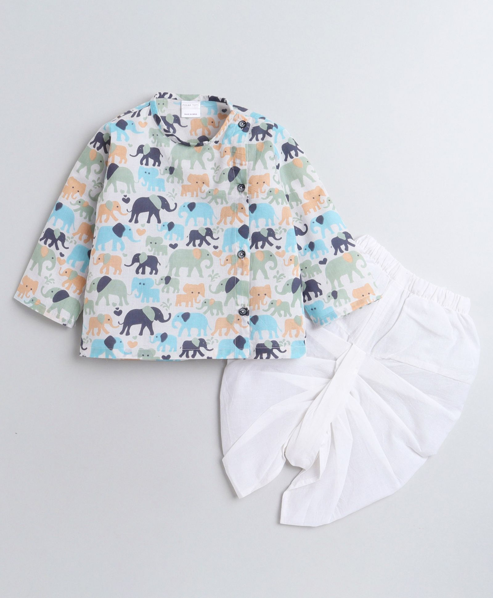 Polka Tots Full Sleeves Elephants Print Kurta And Solid Dhoti Pants - White-picture-34