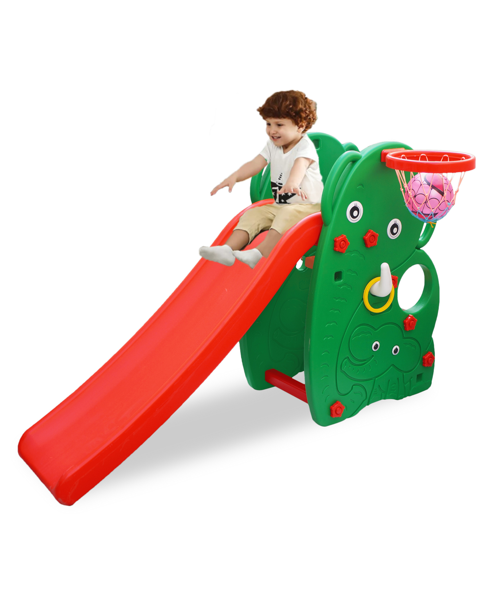 Ehomekart Elephant Shaped Garden Slide with Basketball Hoop - Red Green-image-19