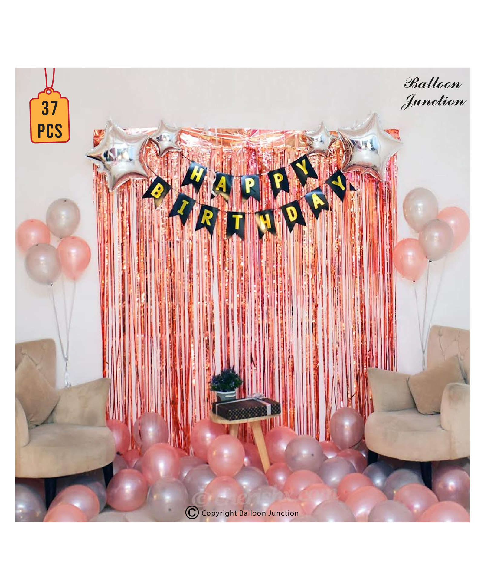 Balloon Junction Rose Gold Theme Birthday Banner and Curtains Party Decoration with Star Foil  - 37 Pieces-image-8