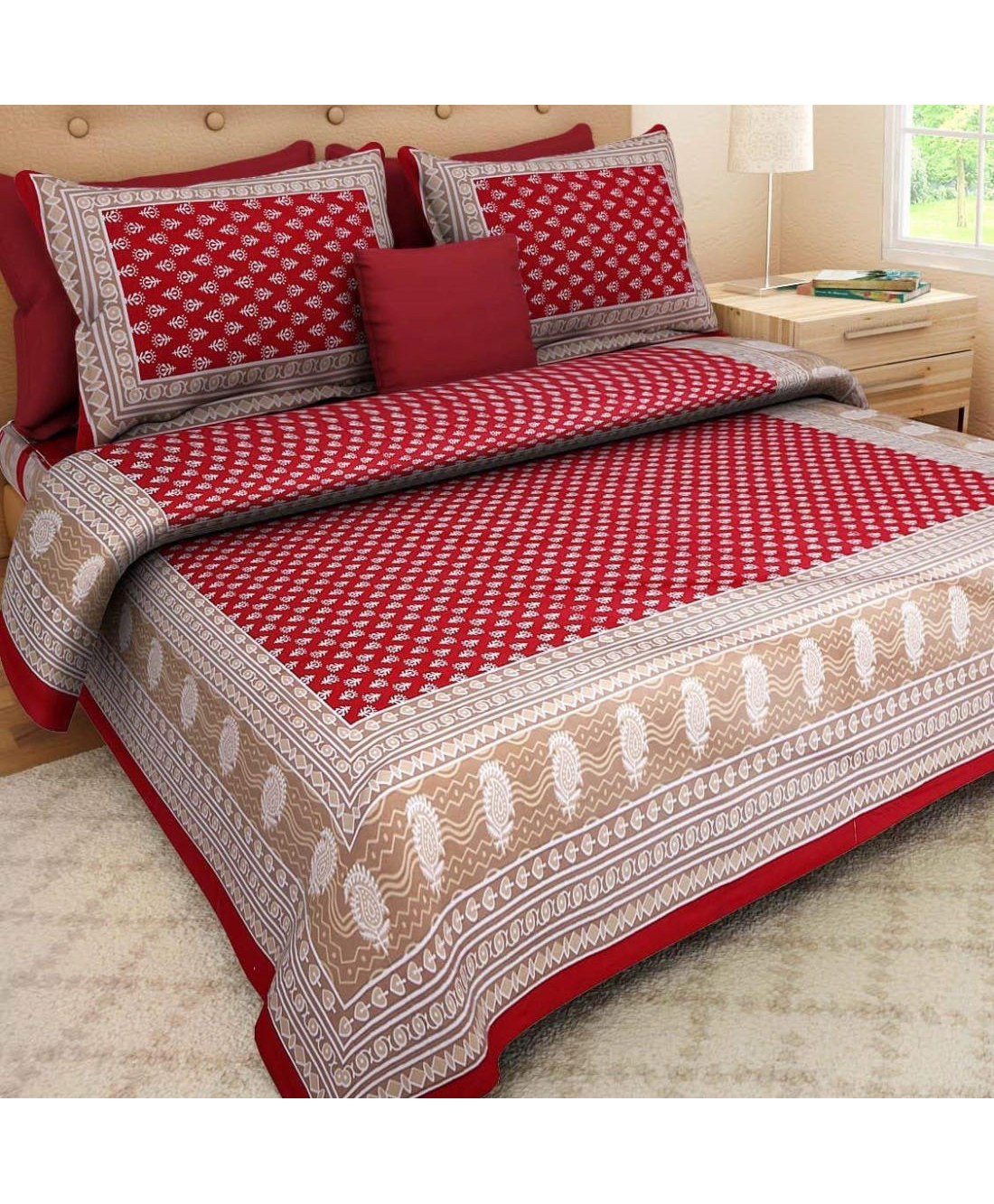 Indian Jaipur Beautiful Red Color Pure Cotton Bed Sheet With 2 Pillow Covers Set 