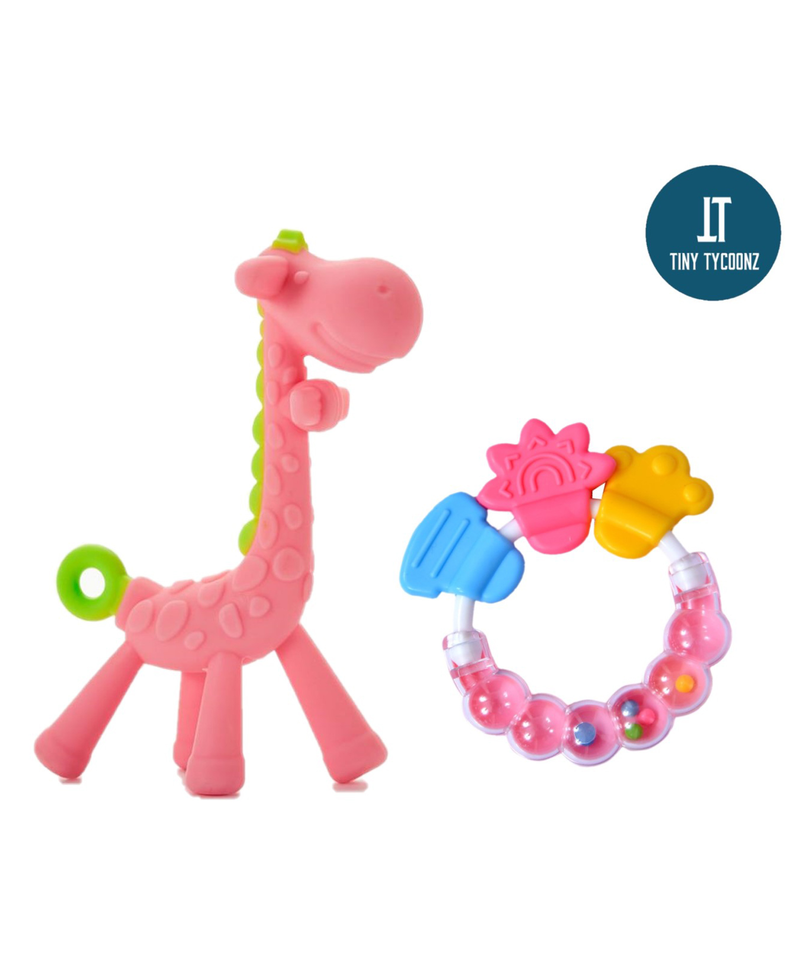 Tiny Tycoonz Silicone Combo Of Giraffe Shape & Rattle Handle Teethers - Pink-picture-48