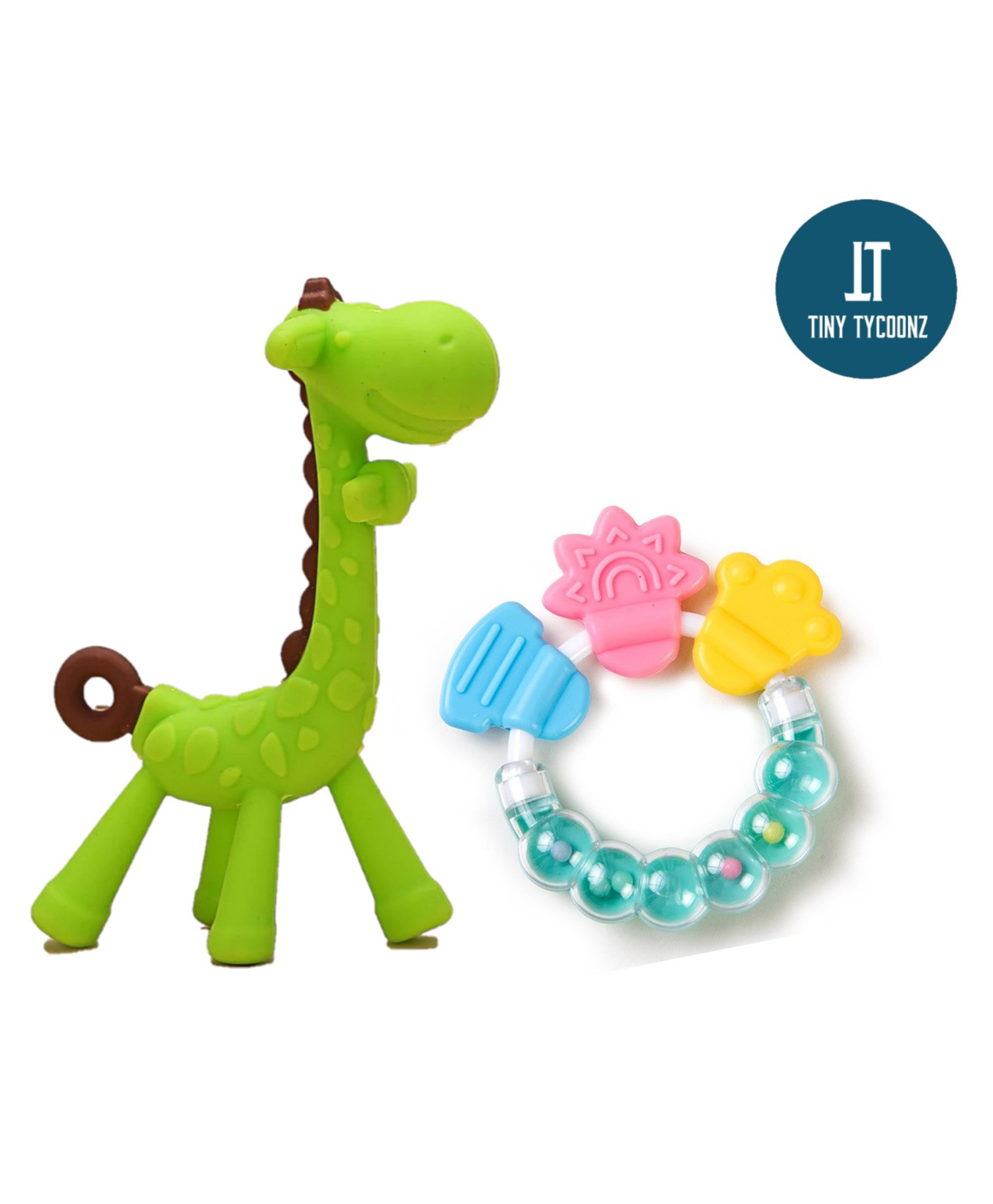 Tiny Tycoonz Silicone Combo Of Giraffe Shape & Rattle Handle Teethers - Green-image-31