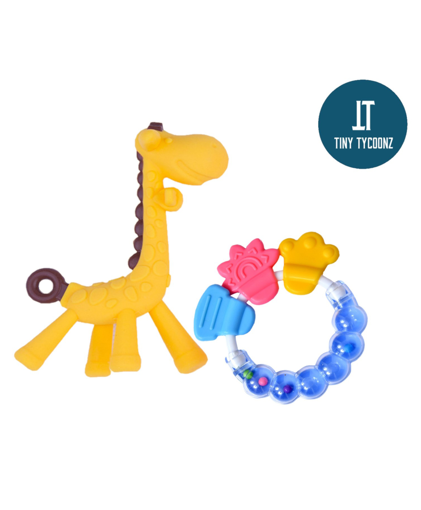 Tiny Tycoonz Silicone Combo Of Giraffe Shape & Rattle Handle Teethers - Yellow-image-15