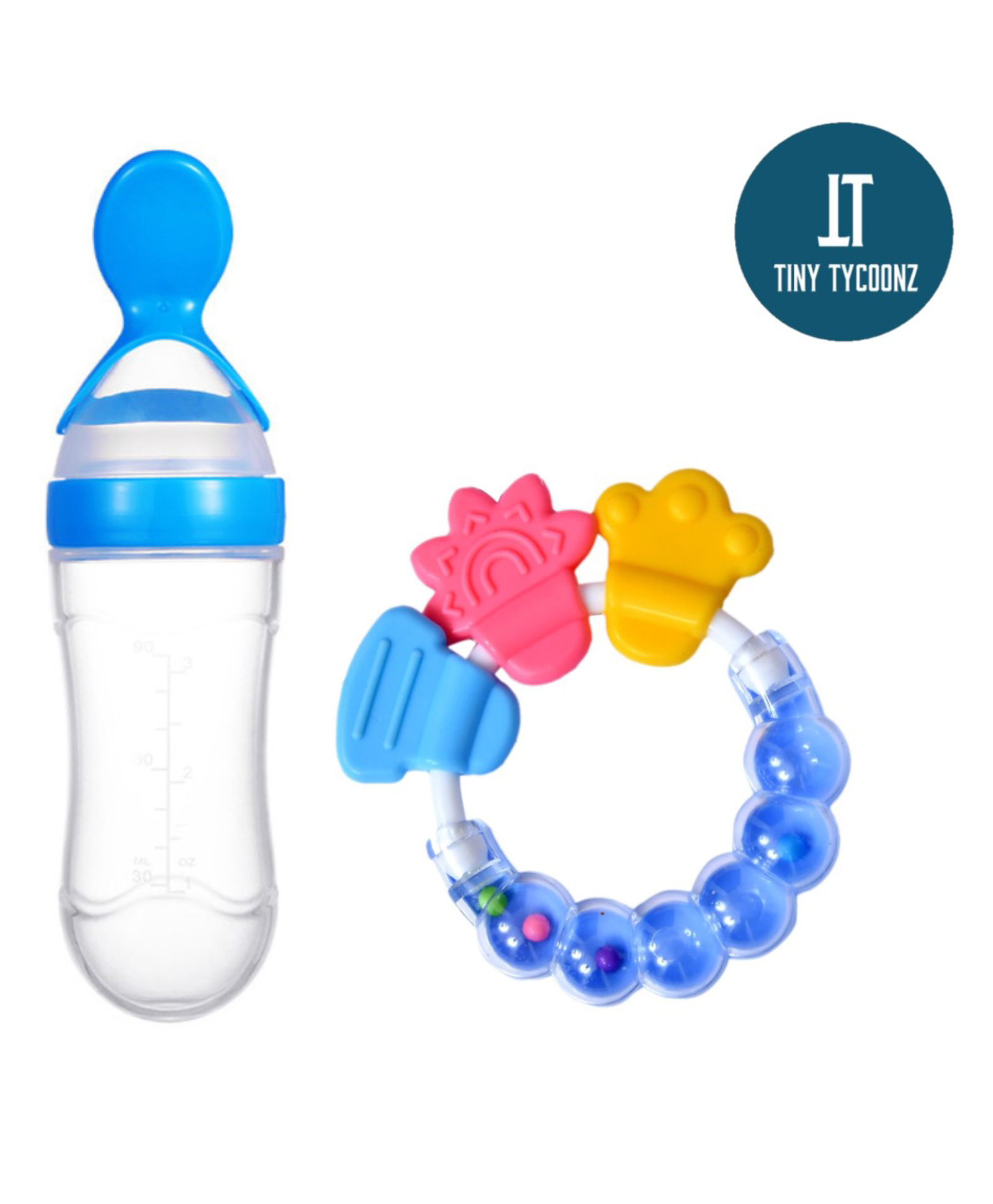 Tiny Tycoonz Silicone Squeezy Food Feeder Bottle With Spoon & Rattle Teether Blue - 90 ml-image-14
