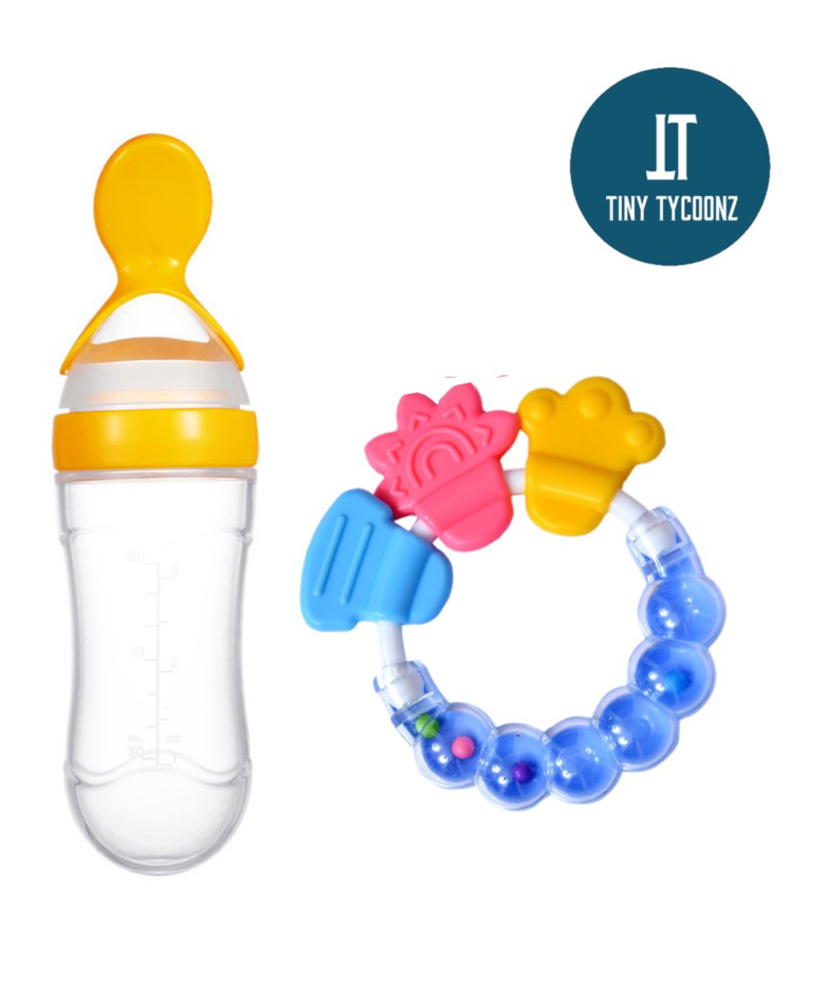Tiny Tycoonz Silicone Squeezy Food Feeder Bottle With Spoon & Rattle Teether Yellow - 90 ml-picture-35