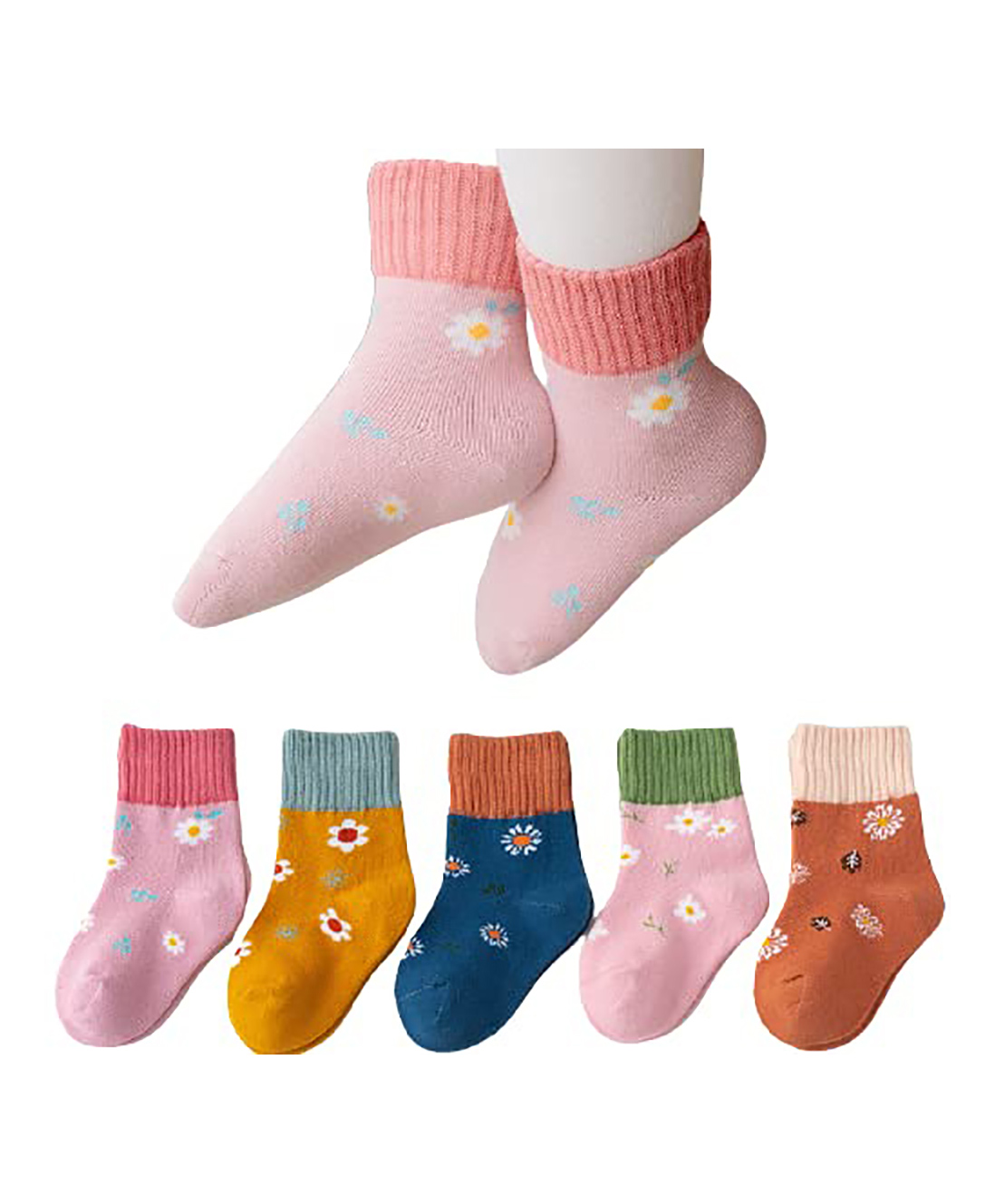 MOMISY Cotton Autumn Tube Socks Floral Print Pack of 5 Pairs - Pink Blue-picture-27