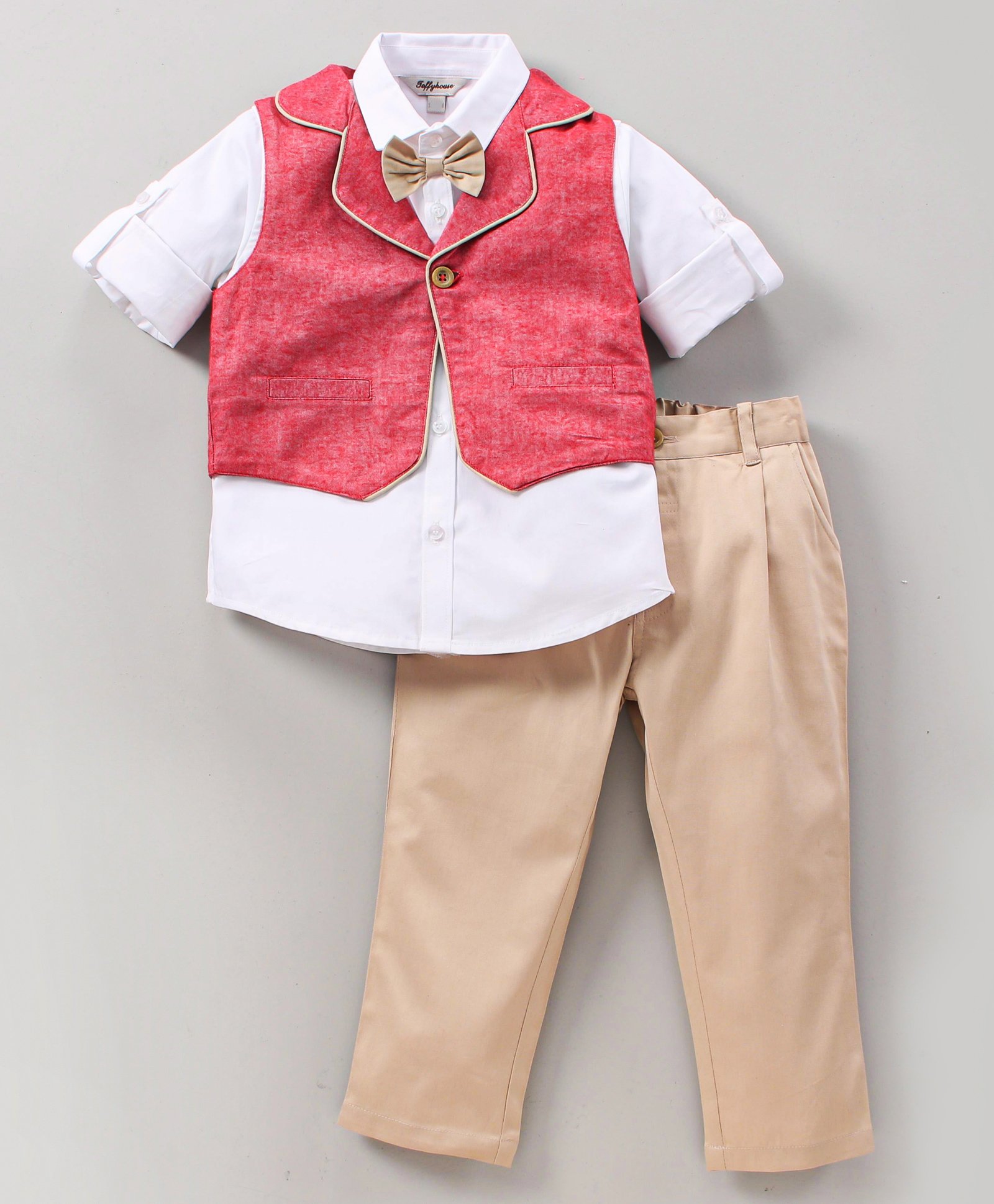 ToffyHouse Party Wear Full Sleeves Shirt & Trouser With Waiscoat Bow - Red White Khaki-image-21