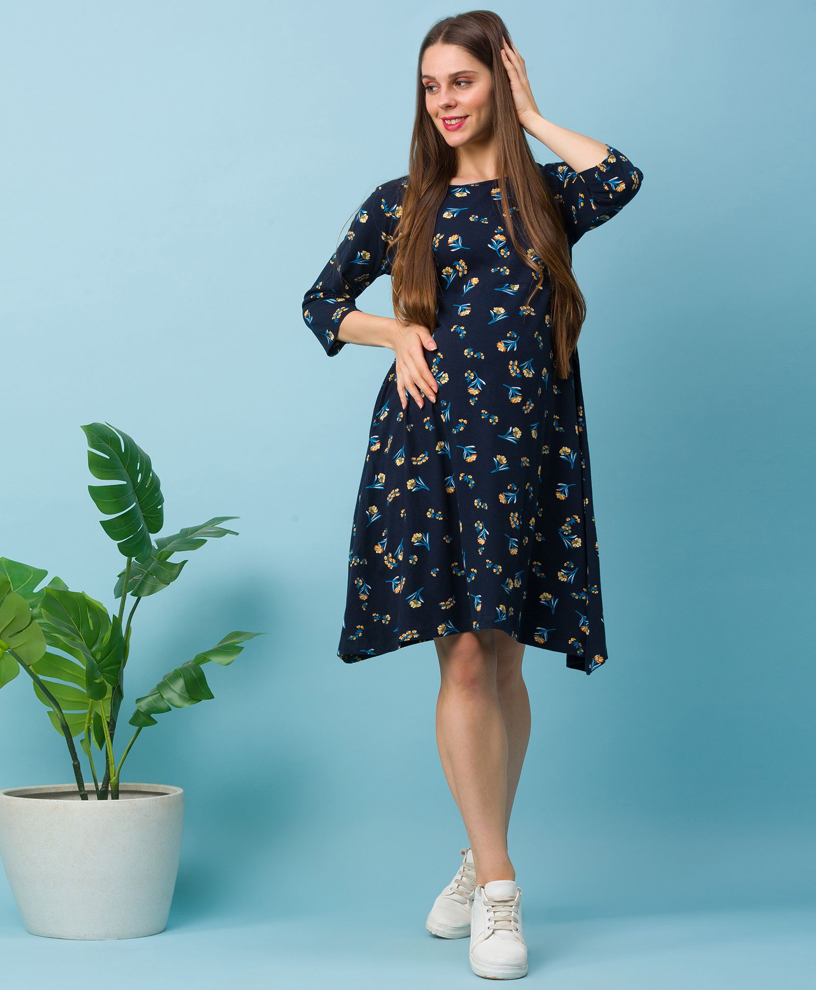 Bella Mama Three Fourth Sleeves Maternity Dress Floral Print - Navy Blue-image-29