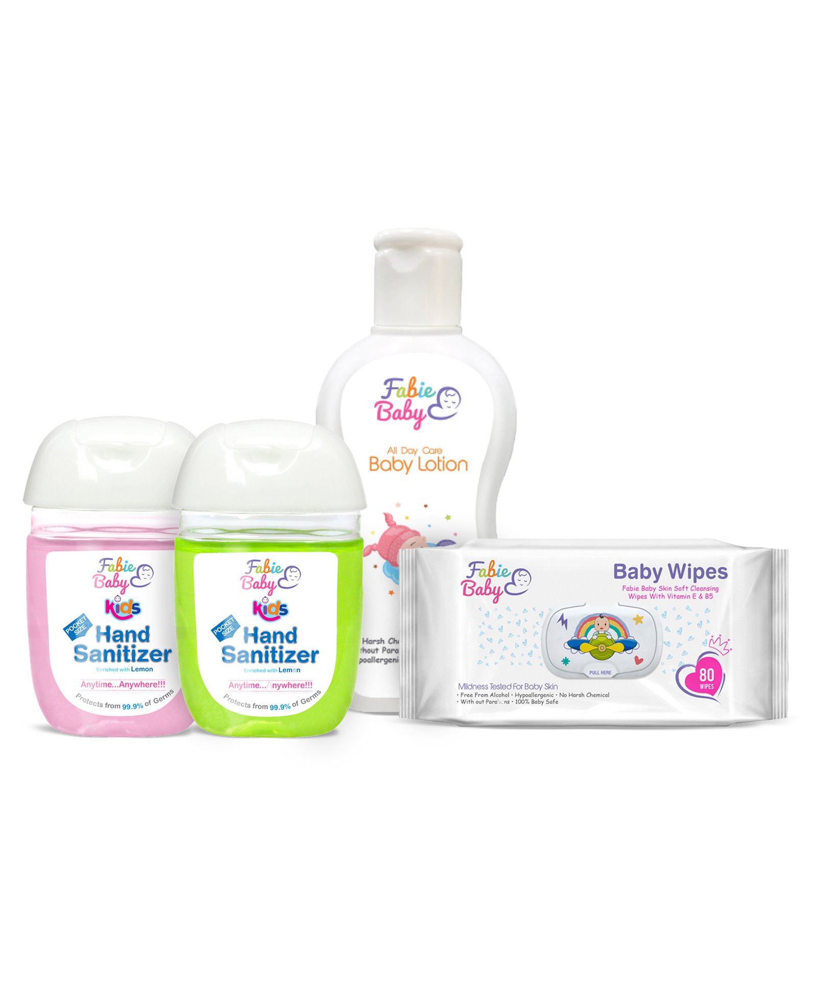Fabie Baby Wipes Sanitizer And Body Lotion Combo Pack of 3 - 80 Pieces 30 ml each-image-2