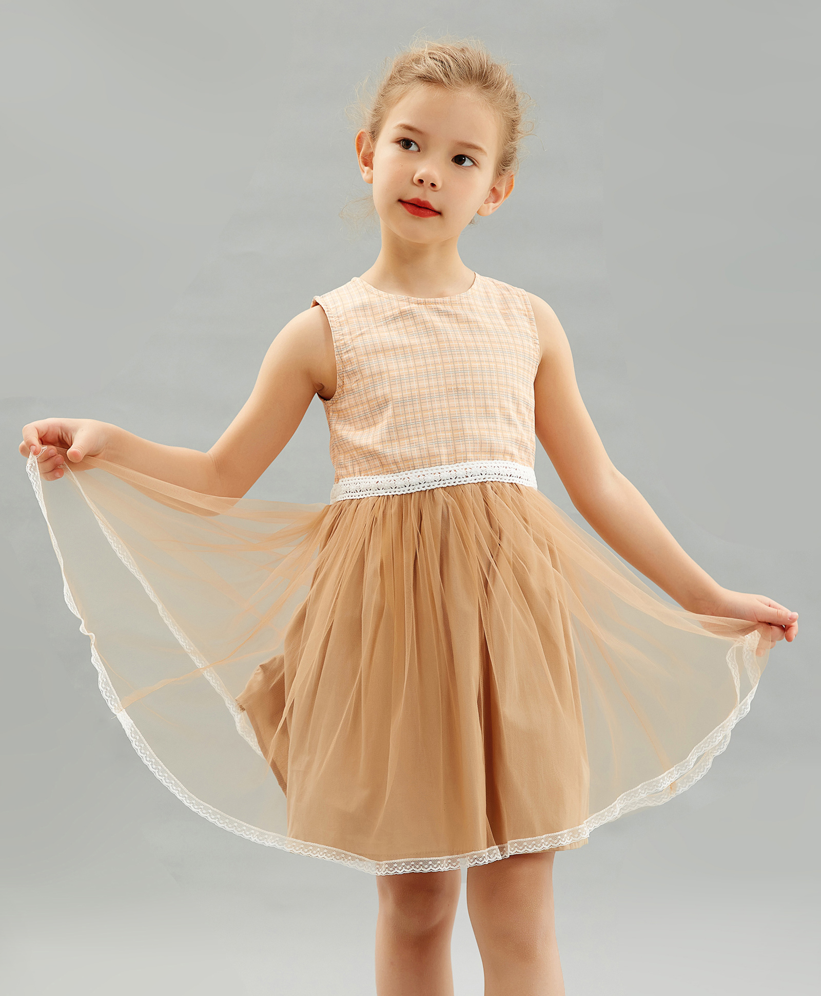 Kookie Kids Sleeveless Checks Party Frock with Lace Detail - Beige-picture-24