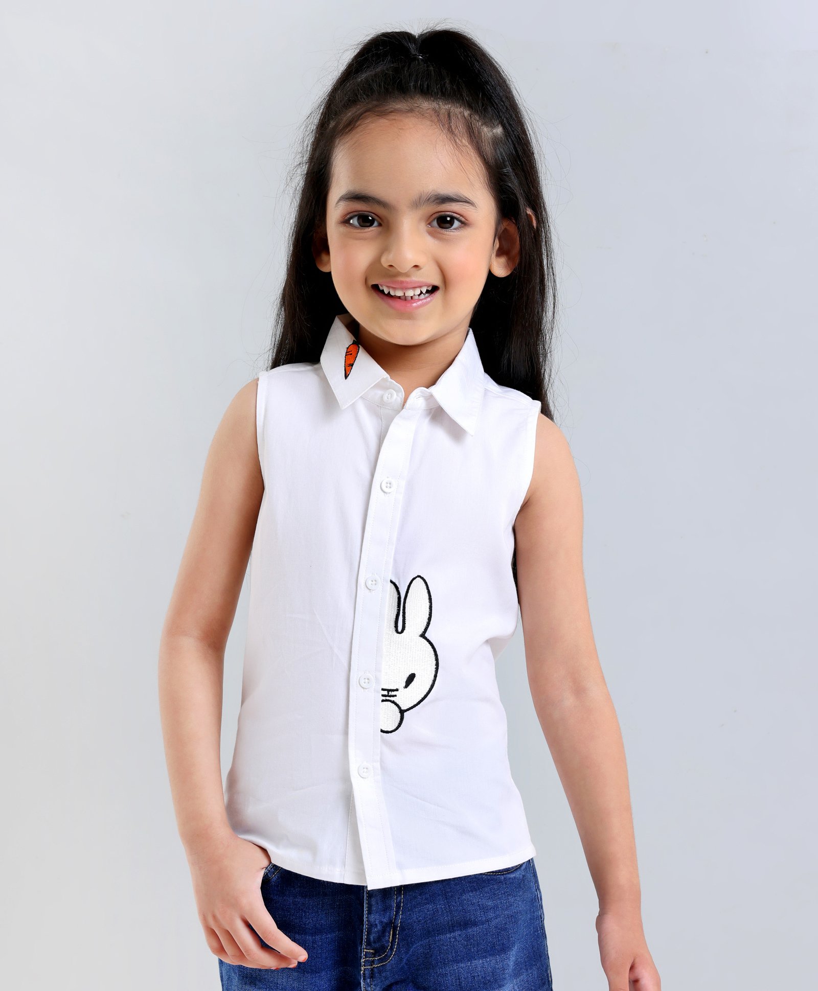 Kookie Kids Sleeveless Cotton Shirt Placement Print- White-image-12
