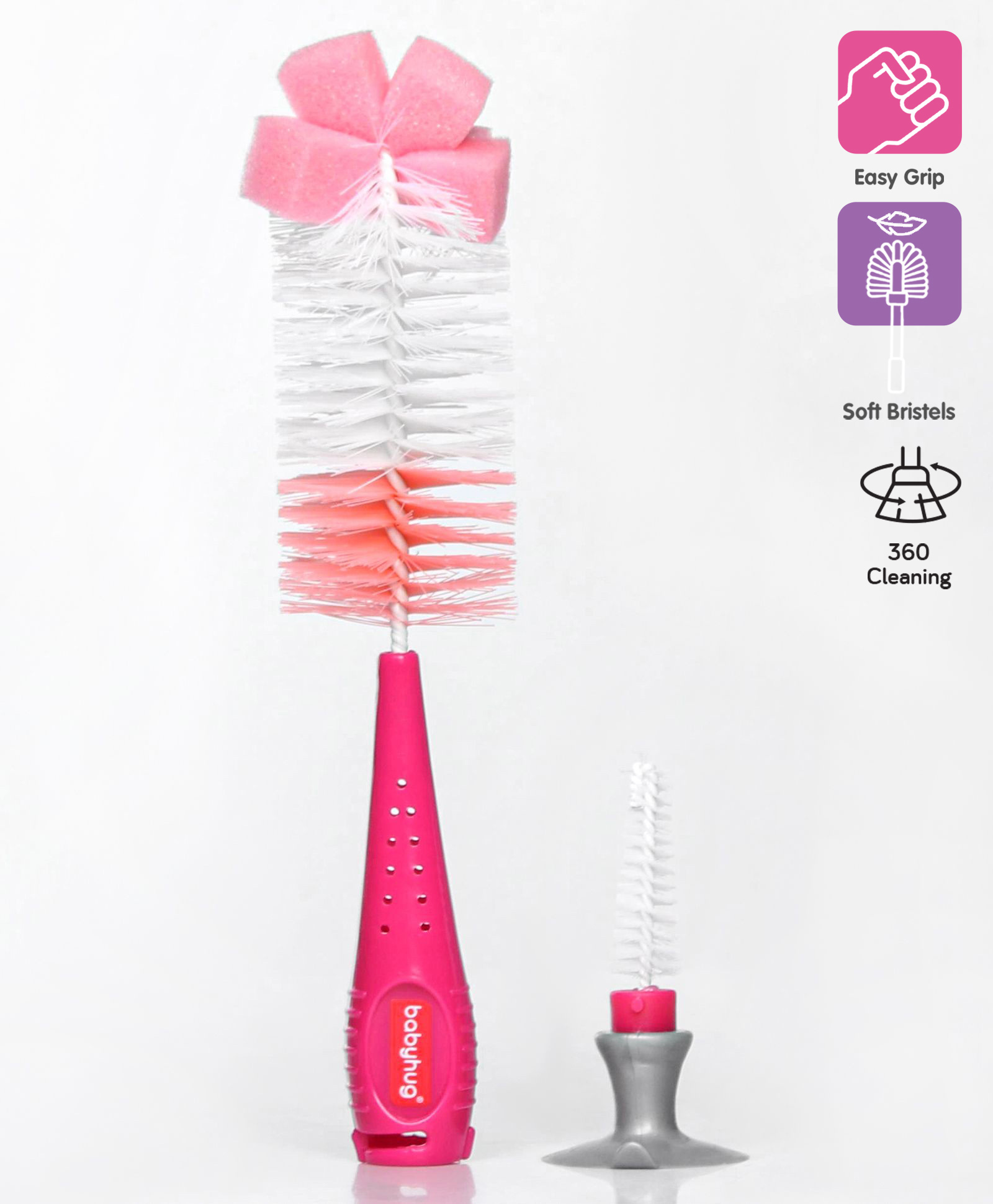 Babyhug 2 In 1 Bottle & Nipple Cleaning Brush - Pink-picture-16
