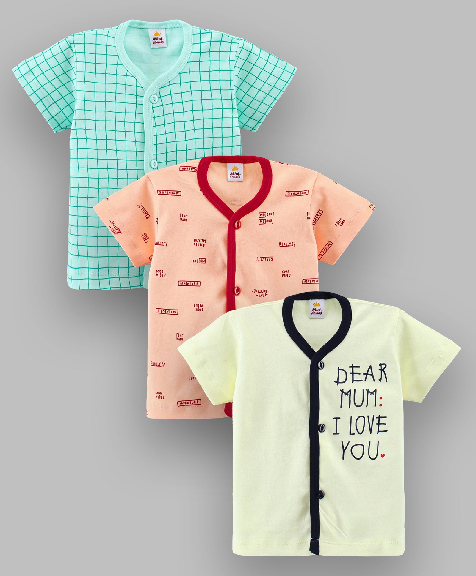 Mini Donuts Half Sleeves Checks Vests Text Print Pack of 3 - Yellow Orange Green-image-25