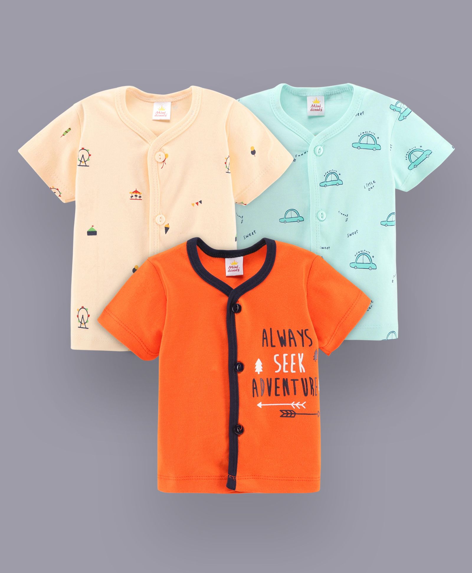 Mini Donuts Half Sleeves Vests Multiprint Pack of 3 - Peach Green Orange-image-30