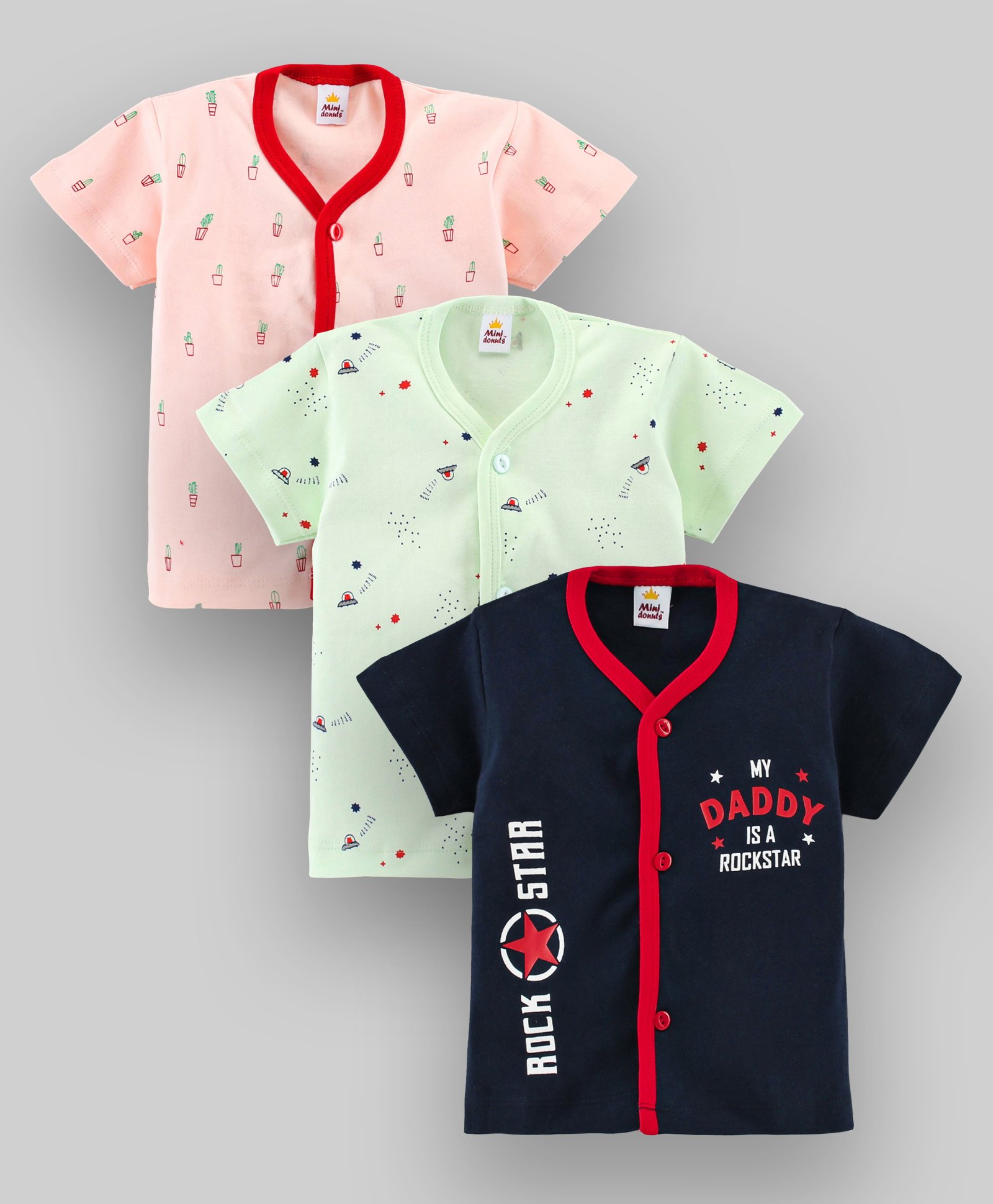 Mini Donuts Half Sleeves Vests Text Print Pack of 3 - Navy Peach Green-image-39