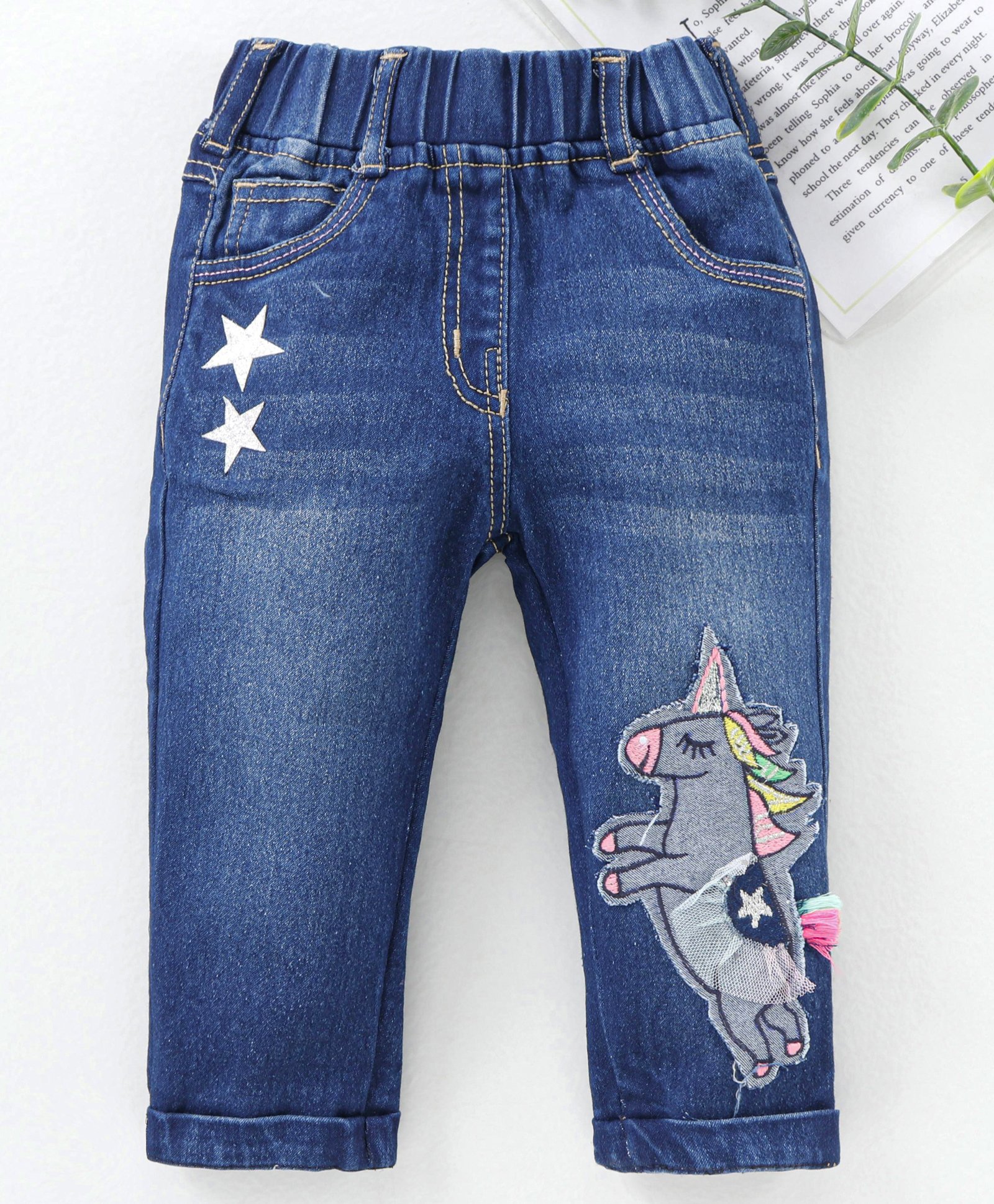 Solid Denim Jeans with Unicorn Applique 