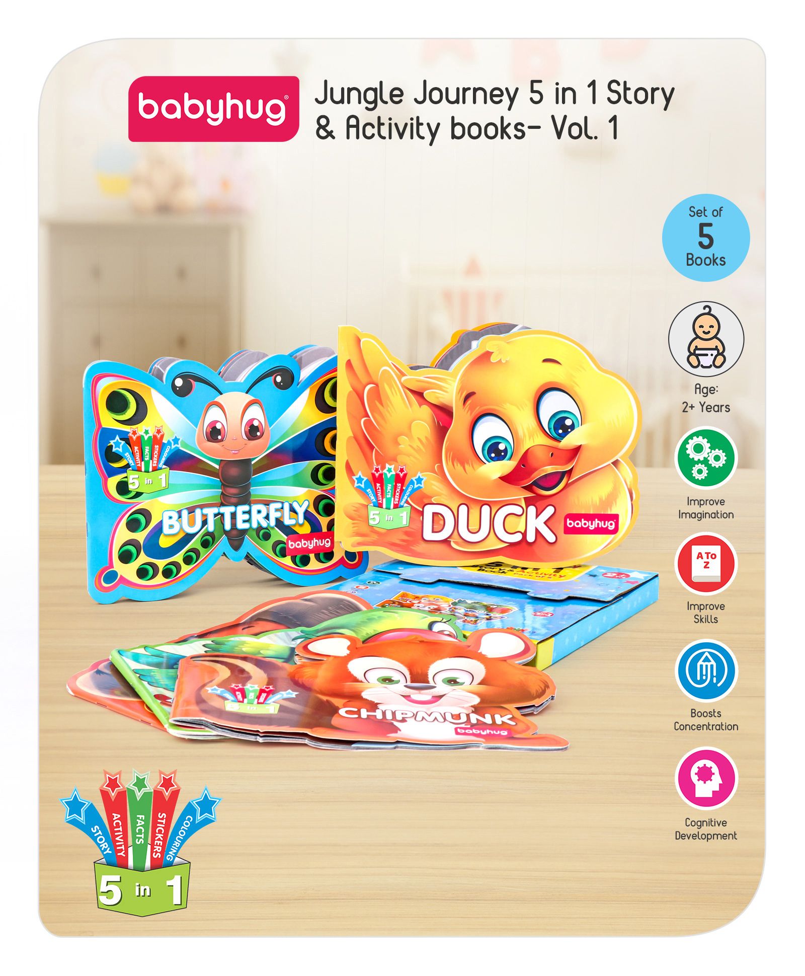 Babyhug 5 In 1 Story & Activity Animal Shape Books Pack of 5 ( Duck, Parrot, Butterfly, Chipmunk, Puppy) - English-image-23