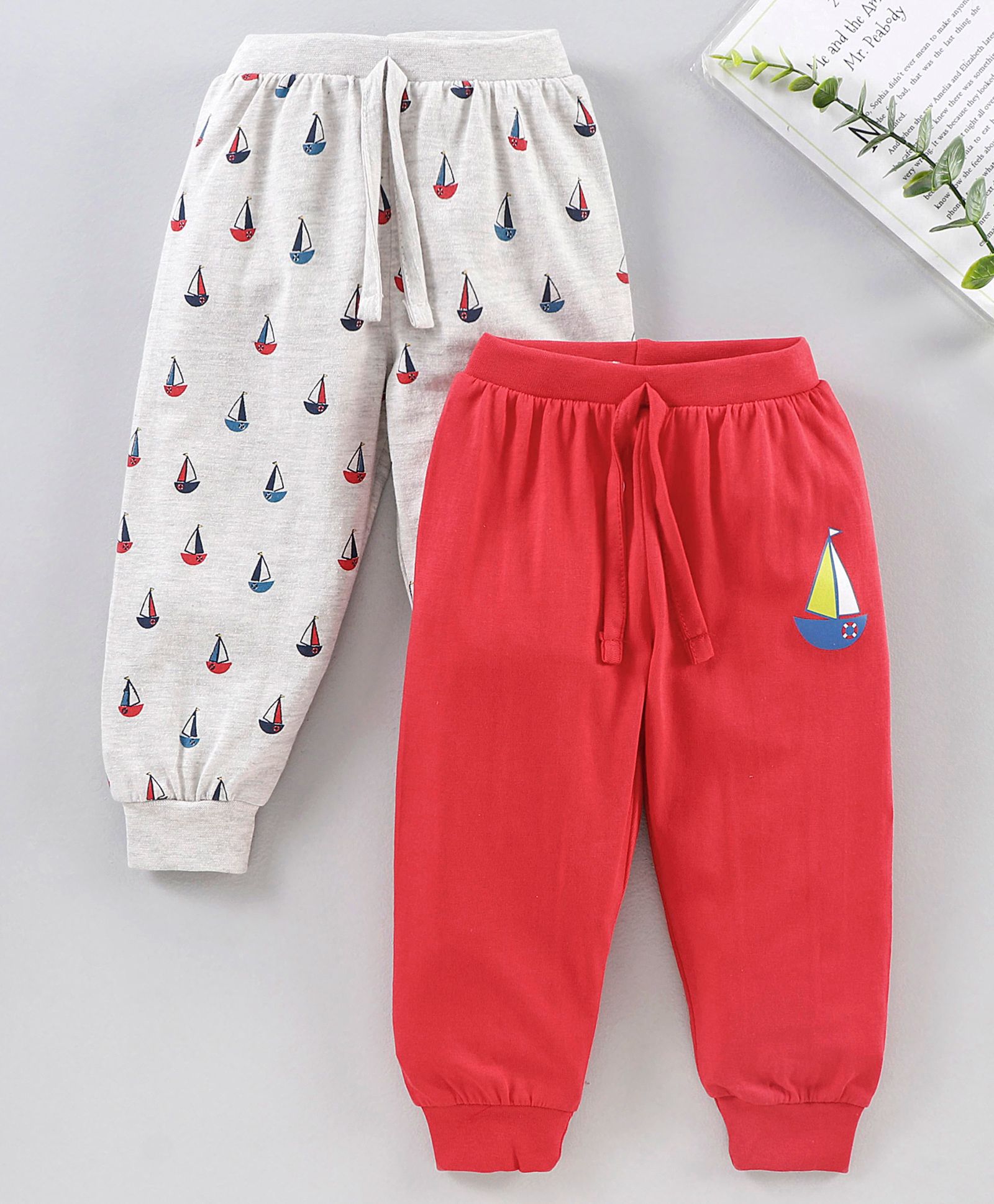 Babyhug Full Length Lounge Pants Boat Print Pack of 2 - Grey Red-image-6