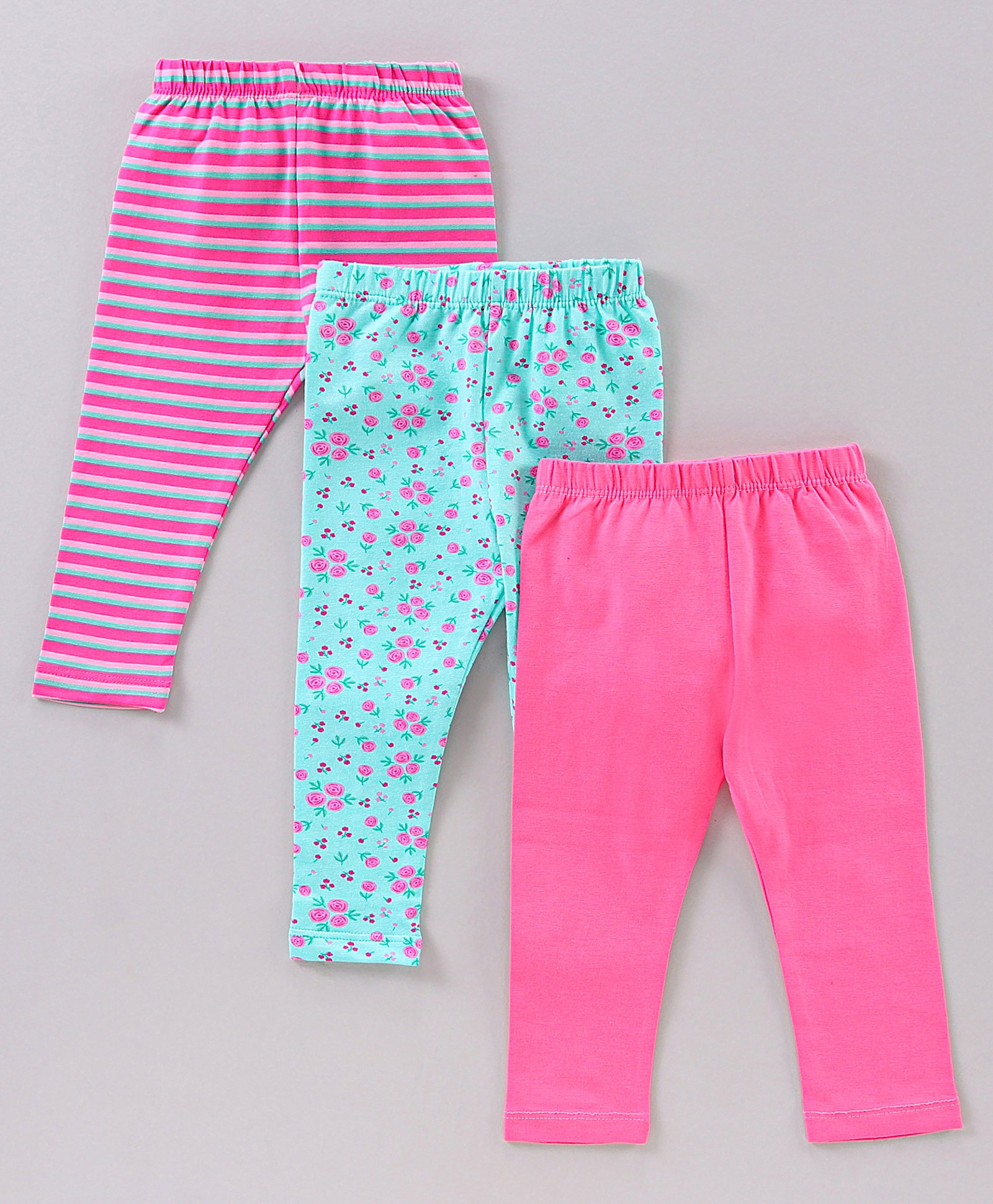 Babyhug Full Length Printed Leggings Pack of 3- Pink & Green-image-0