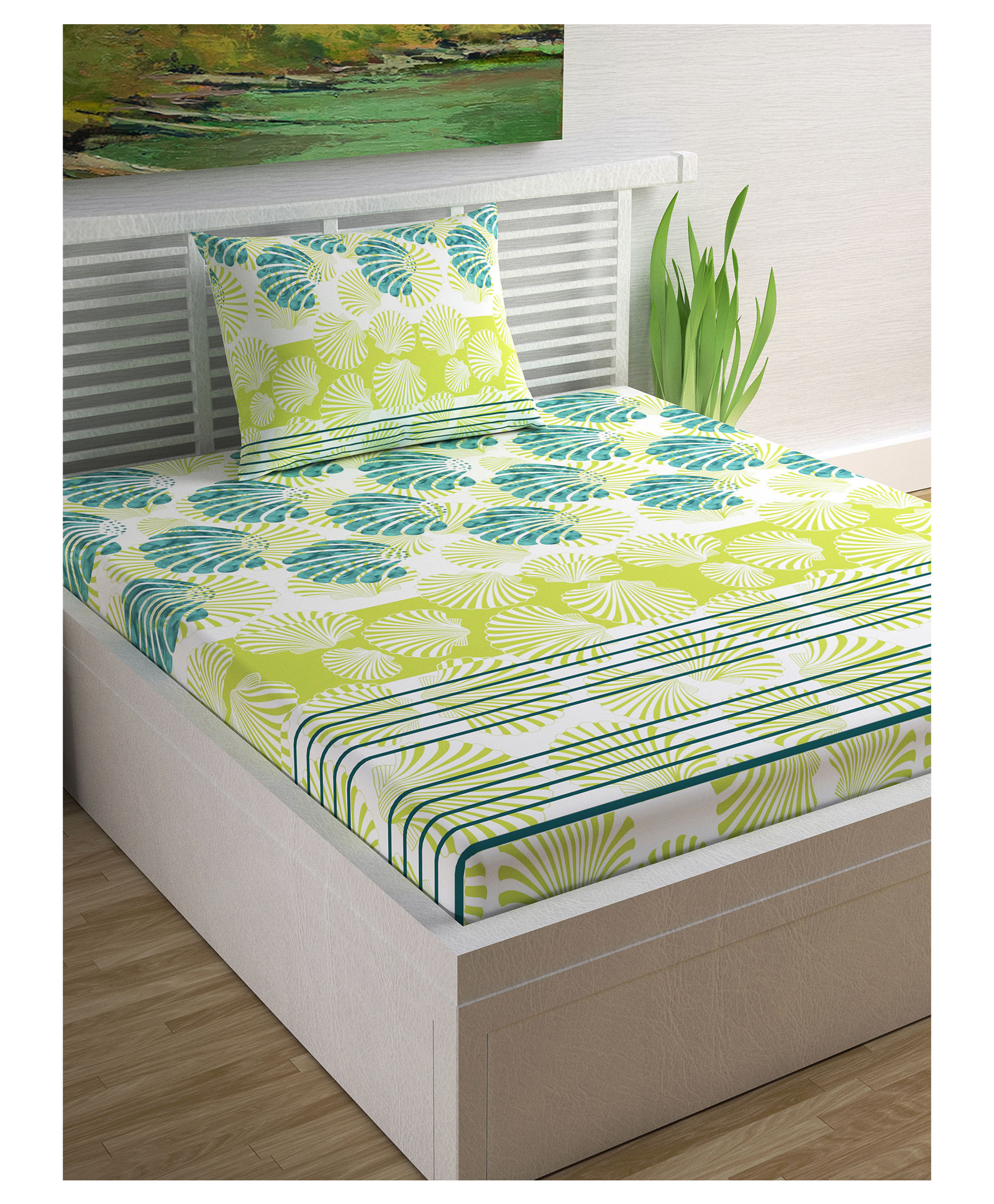 Divine Casa Floral Blend Cotton Single Bedsheet with 1 Pillow Cover - Green & Sea Green-picture-14