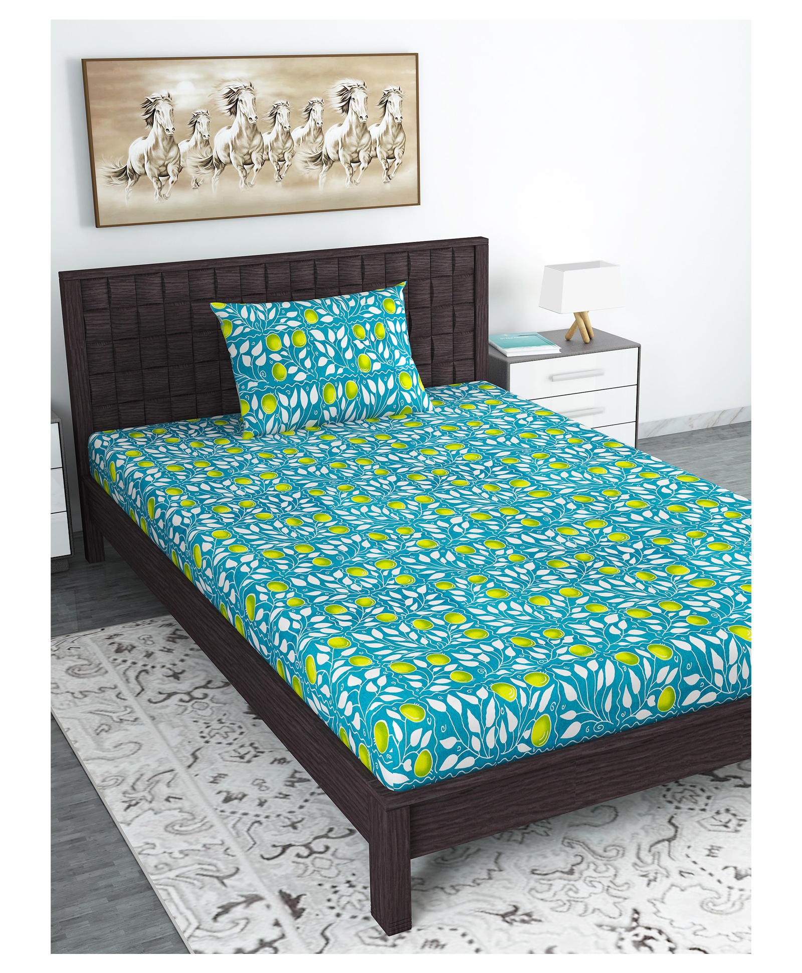 Divine Casa Floral Blend Cotton Single Bedsheet with 1 Pillow Cover - Turquoise & Green-picture-13