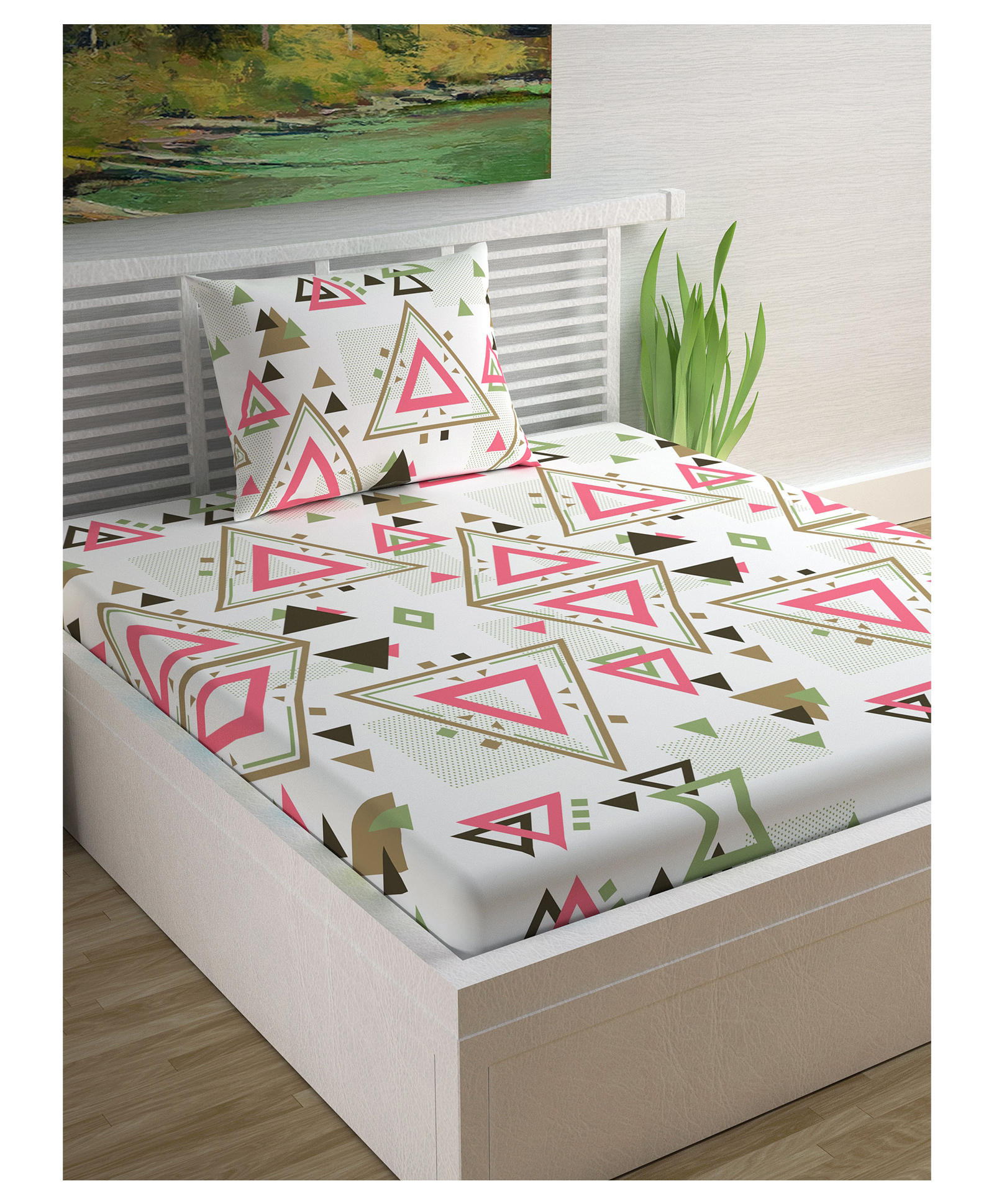 Divine Casa Geometric Blend Cotton Single Bedsheet with 1 Pillow Cover - Pink & Brown-image-28