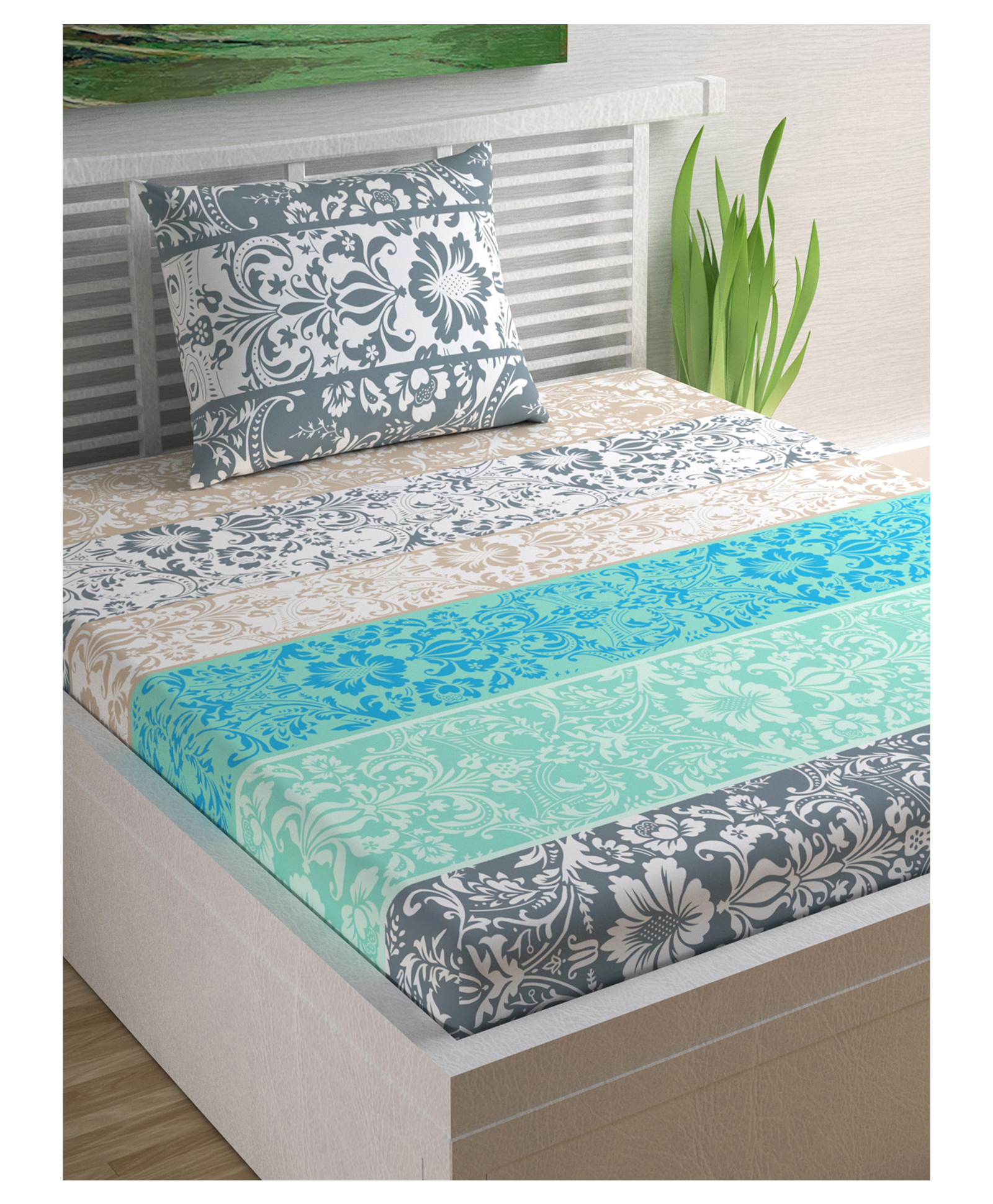 Divine Casa Ethnic Blend Cotton Single Bedsheet with 1 Pillow Cover - Blue & Grey-picture-24