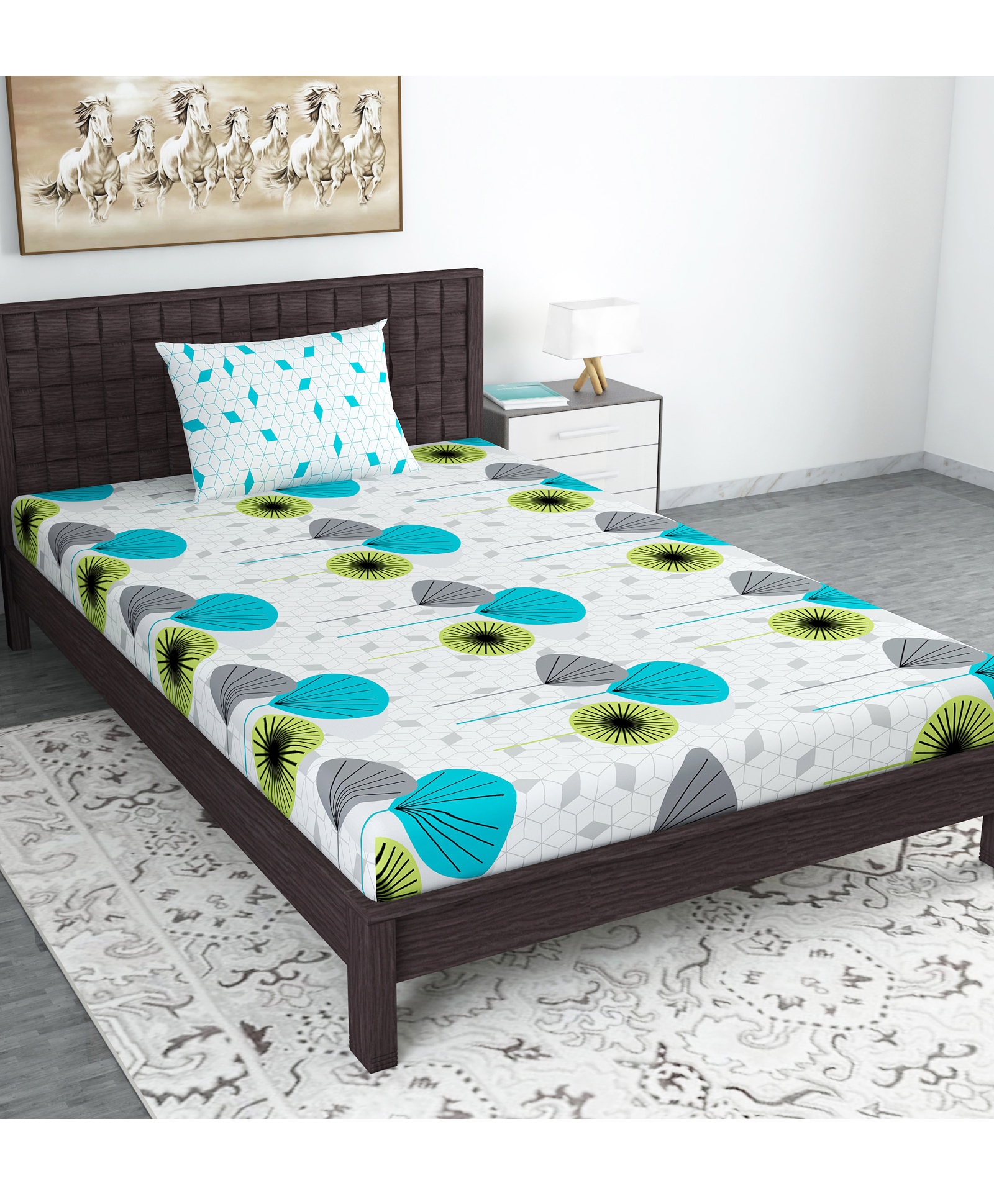 Divine Casa paisley Blend Cotton Single Bedsheet with 1 Pillow Cover - White & Blue-picture-19