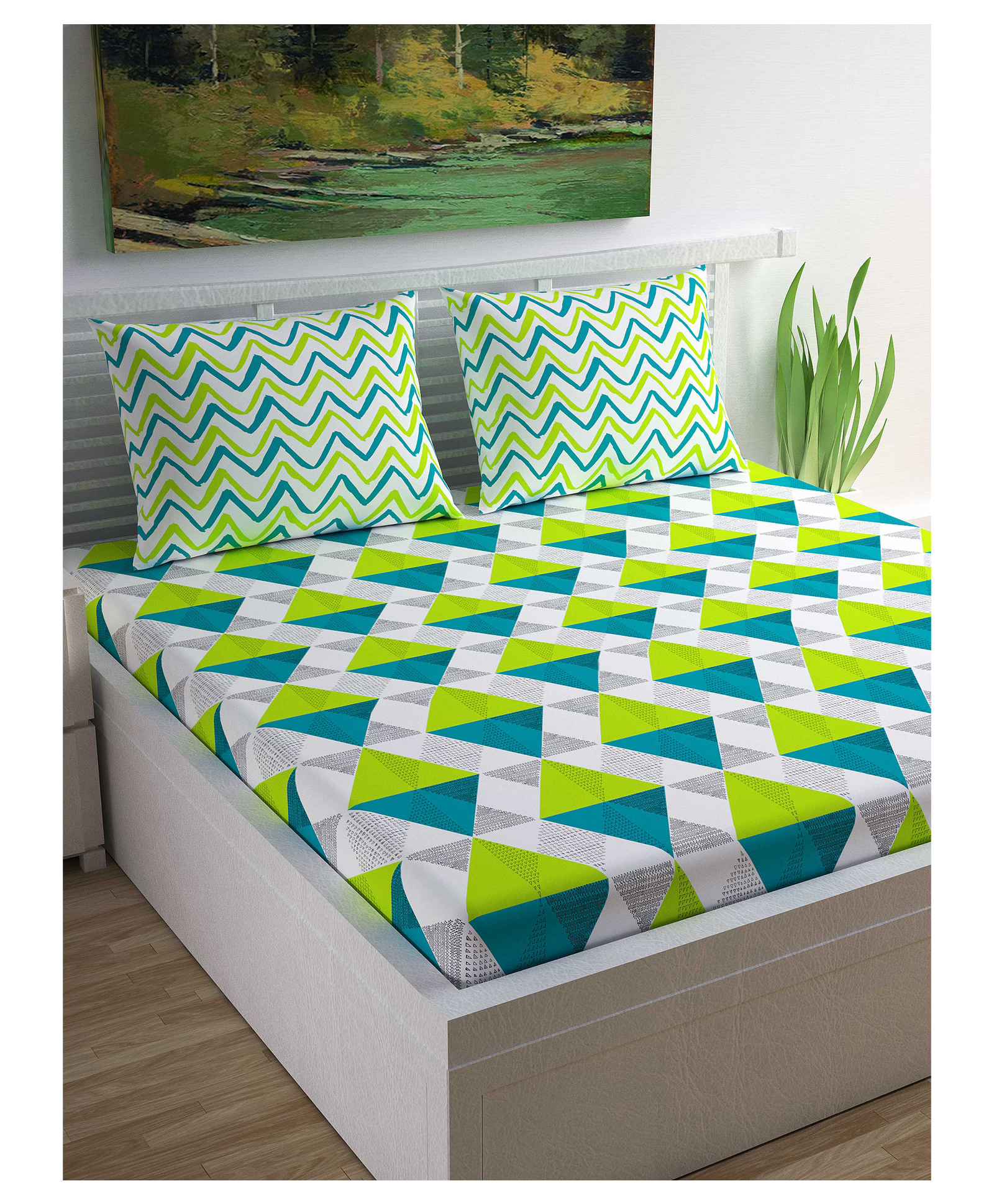 Divine Casa Geometric 100% Cotton Double Bedsheet with 2 Pillow Covers - Lime Teal & Off White-picture-21