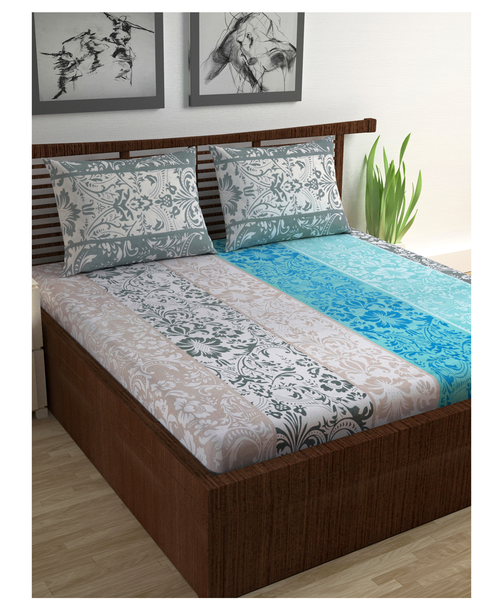 Divine Casa Floral Blend Cotton Double Bedsheet with 2 Pillow Covers - Blue & Grey-picture-19